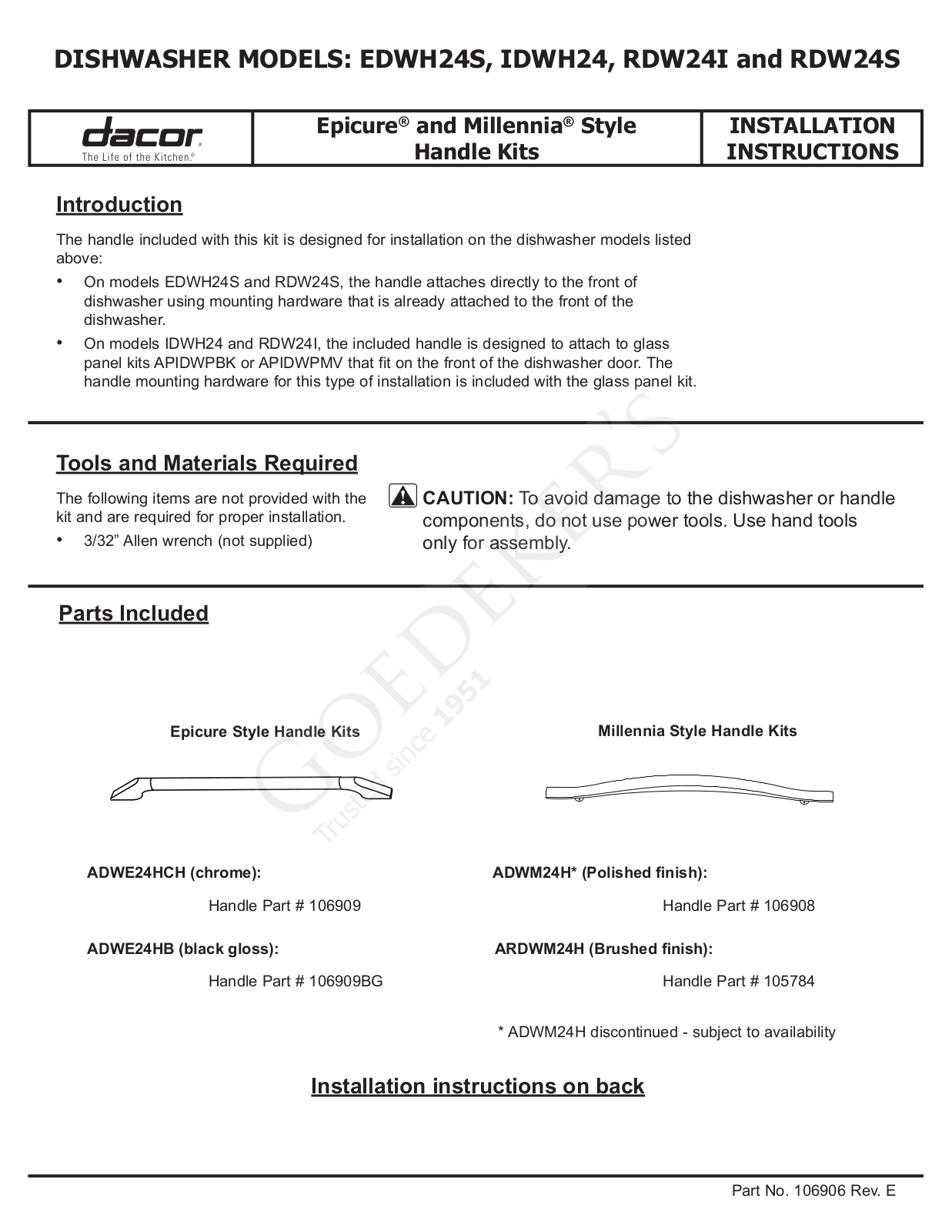 Dacor ADWE24HB, ADWM24H User Manual