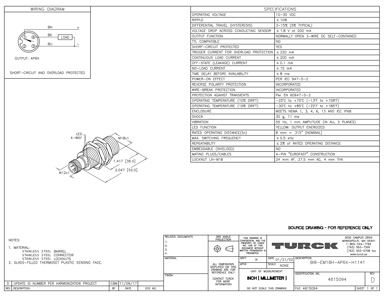 Turck BI8-EM18H-AP6X-H1141 Data Sheet