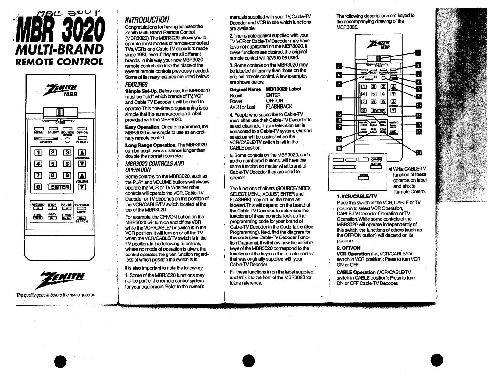 Zenith MBR3020 OPERATING GUIDE