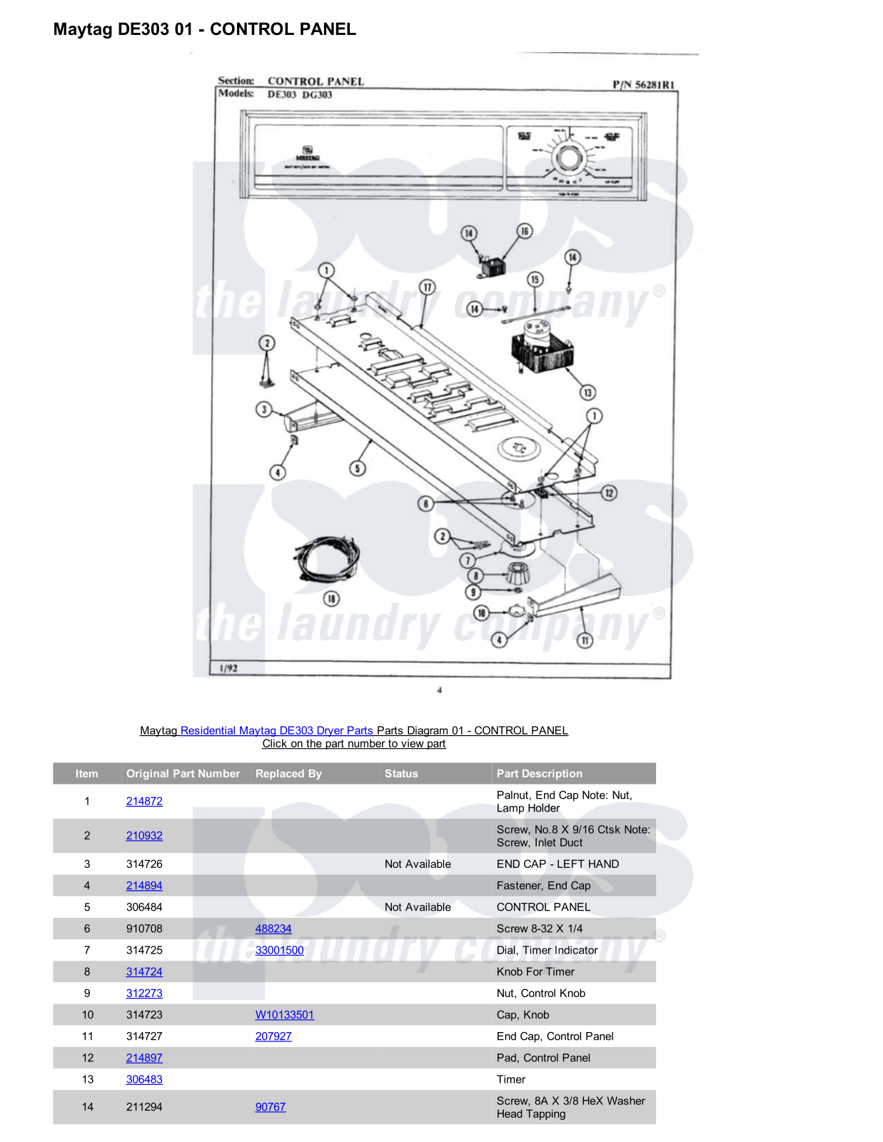 Maytag DE303 Parts Diagram