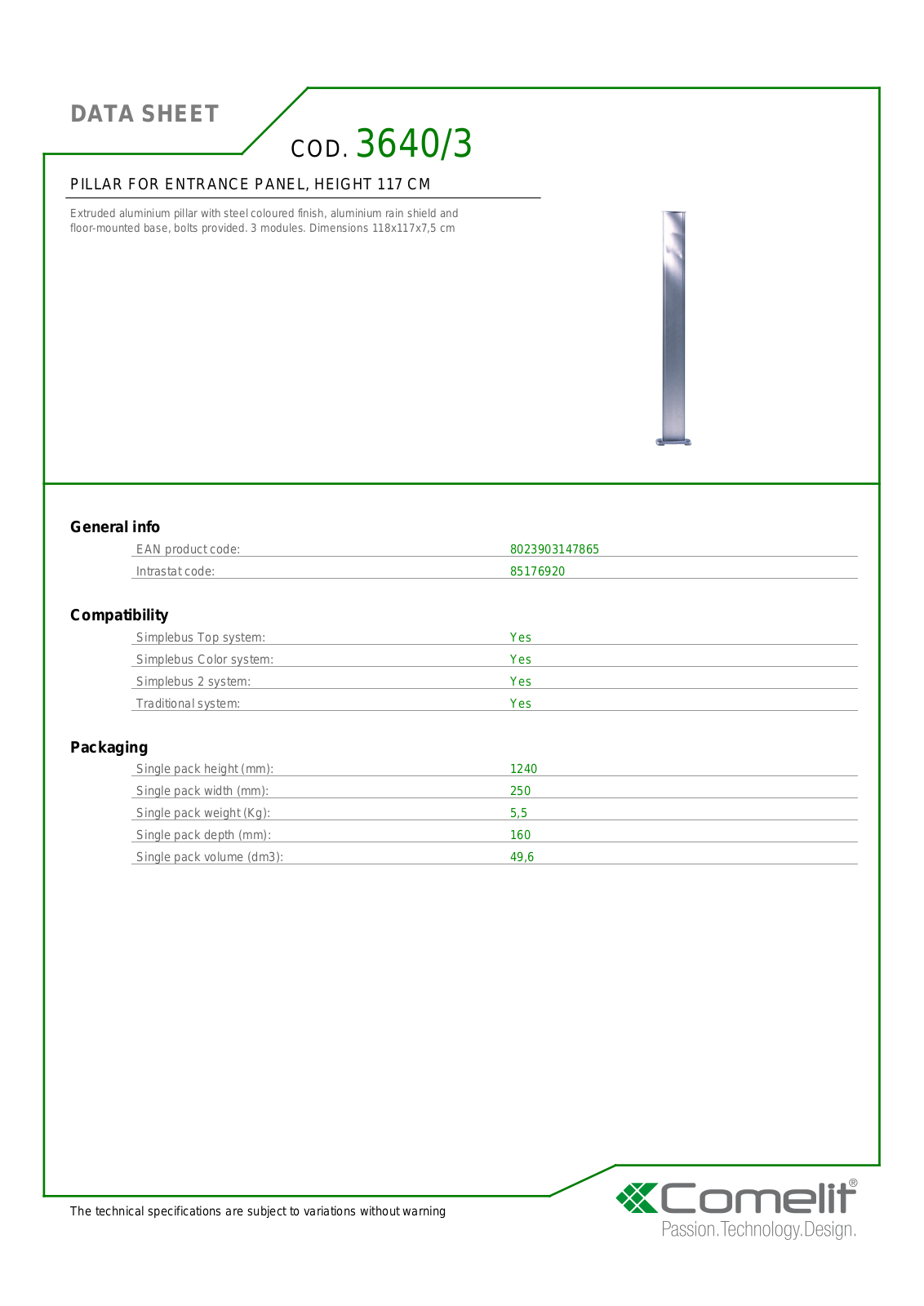 Comelit 3640-3 Specsheet