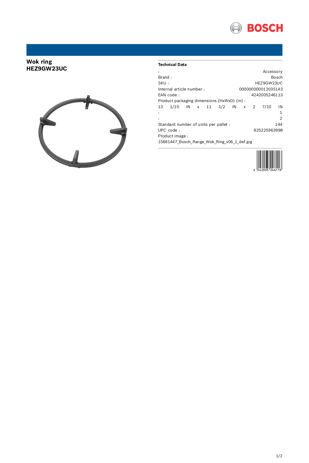 Bosch HEZ9GW23UC Specification Sheet