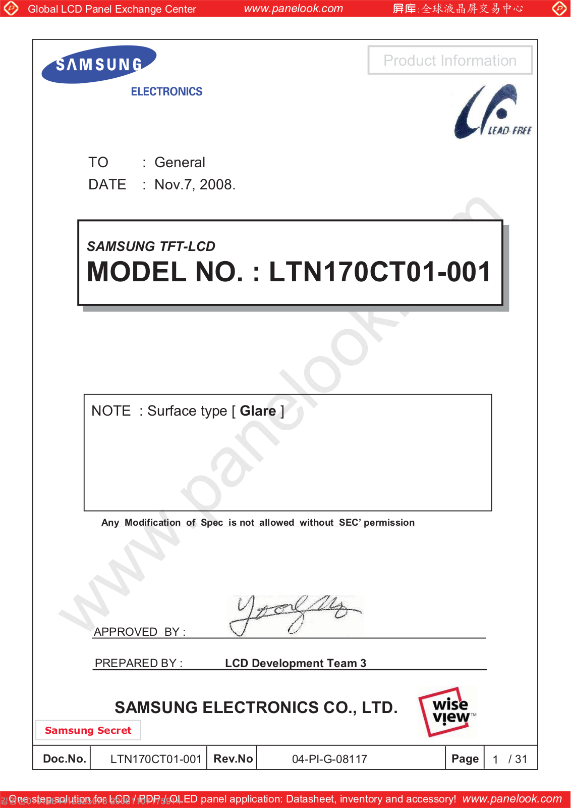 SAMSUNG LTN170CT01-001 Specification