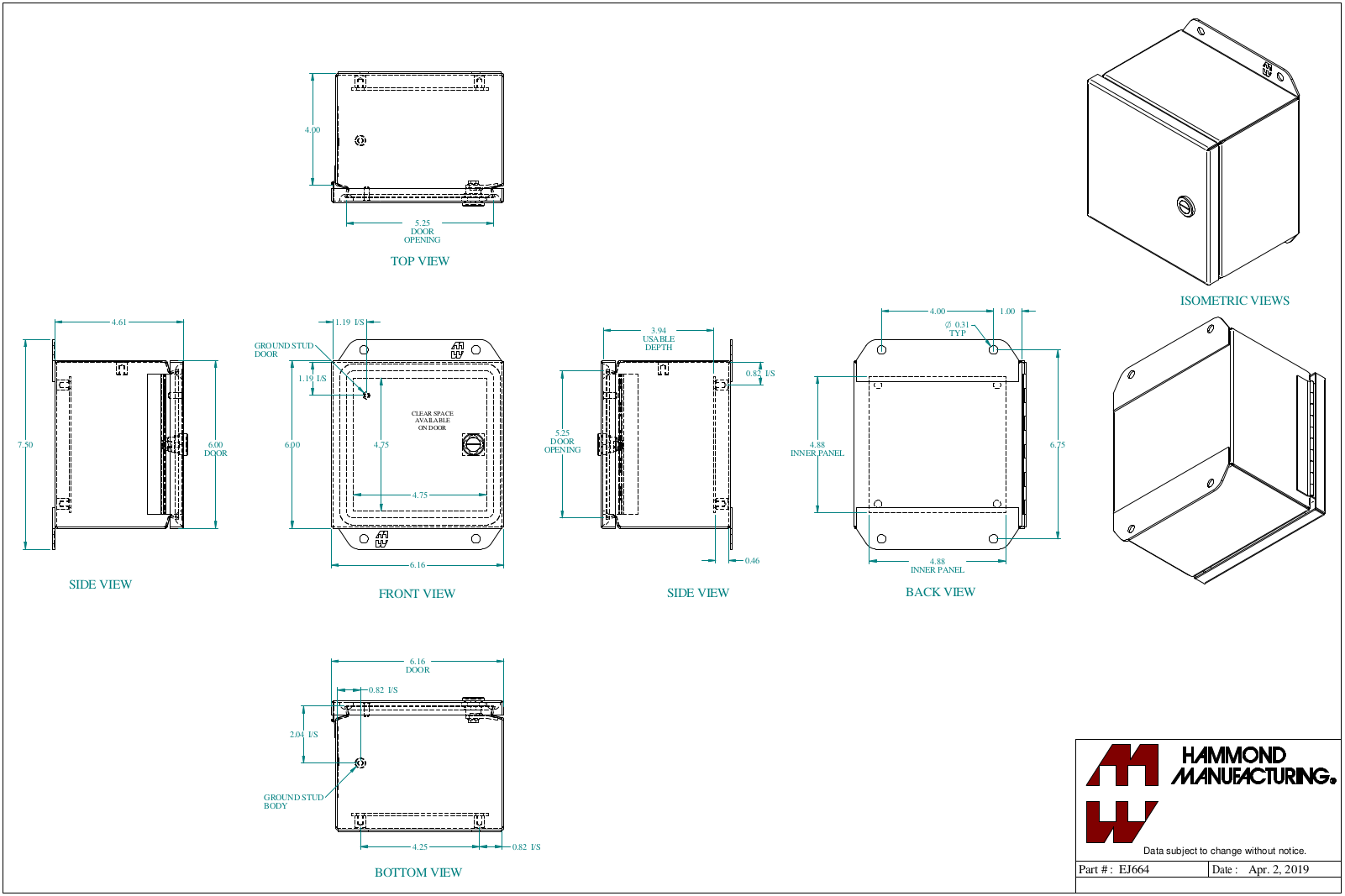 Hammond Manufacturing EJ664 technical drawings