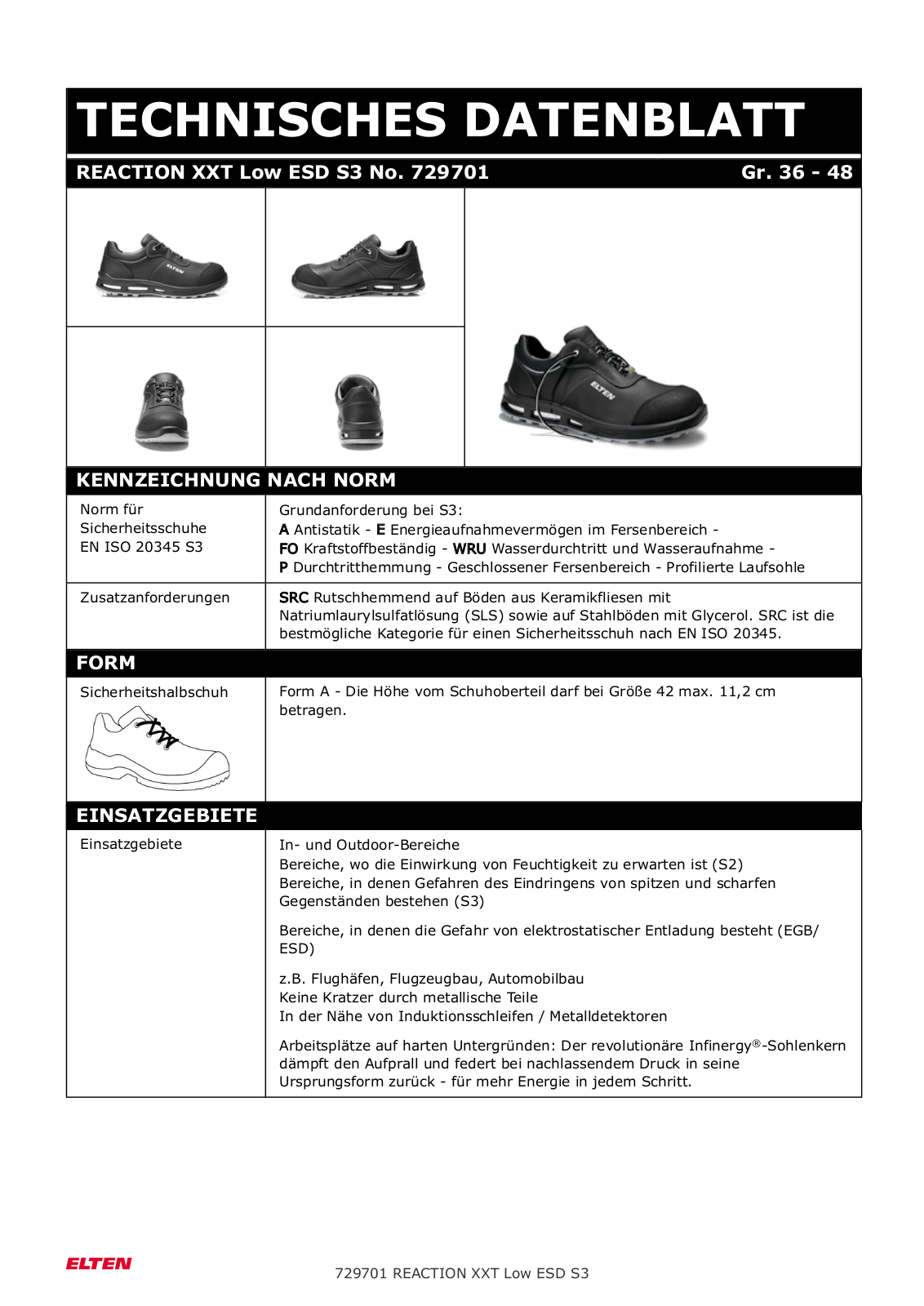 Elten REACTION XXT Low ESD S3 Technical data