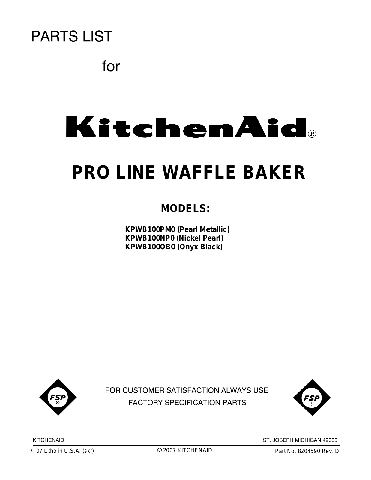 KitchenAid KPWB100PM0 Parts List