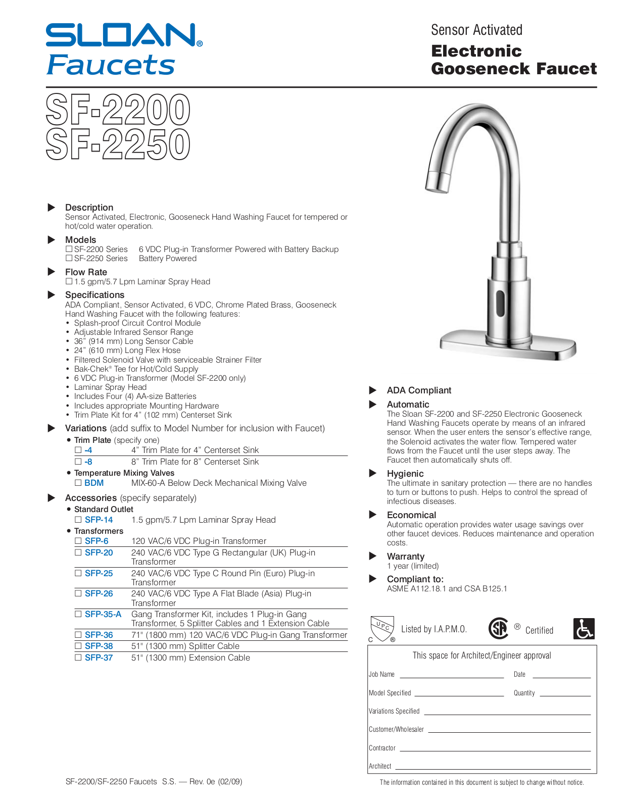 Sloan SLN1263 Specifications - ManualMachine.com