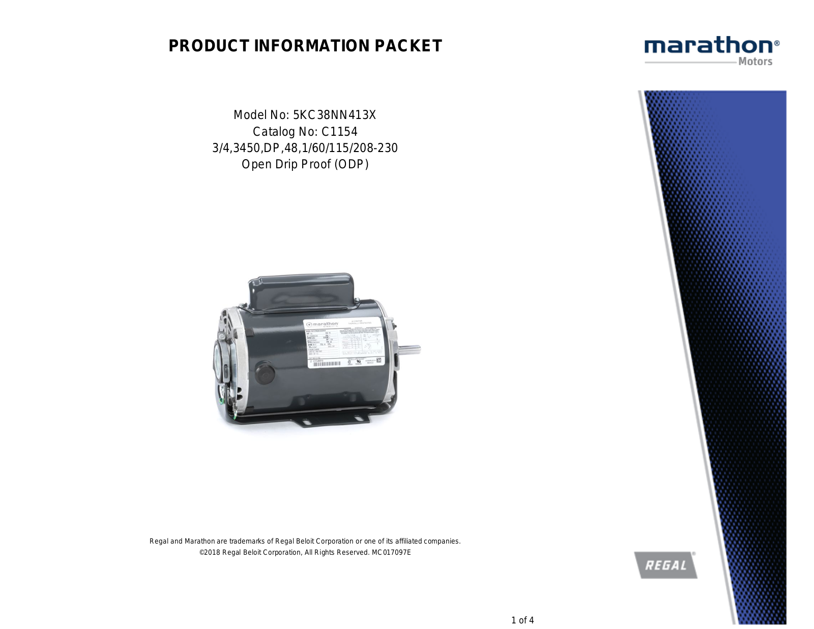 Marathon Electric 5KC38NN413X Product Information Packet