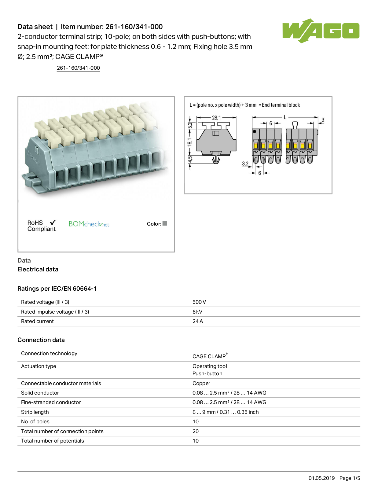 Wago 261-160/341-000 Data Sheet