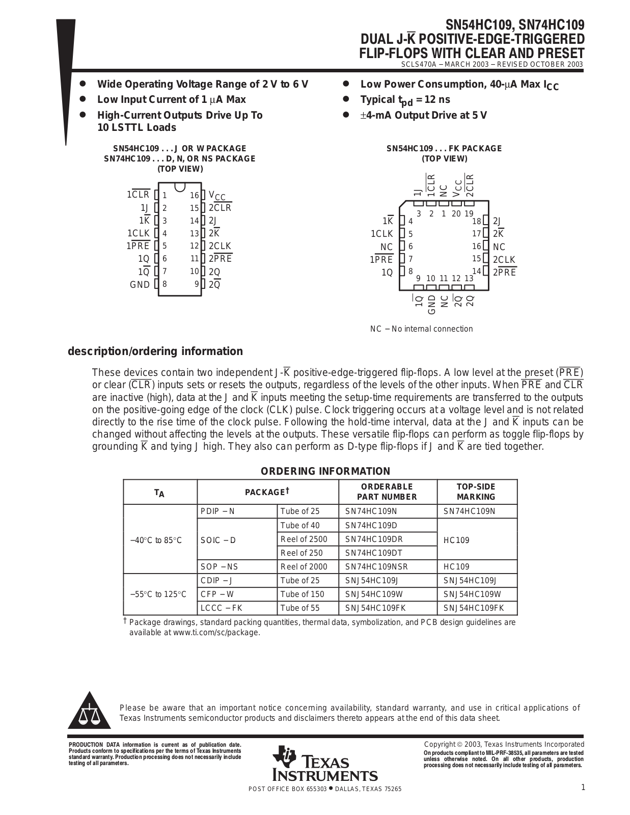 TEXAS INSTRUMENTS SN54HC109, SN74HC109 Technical data