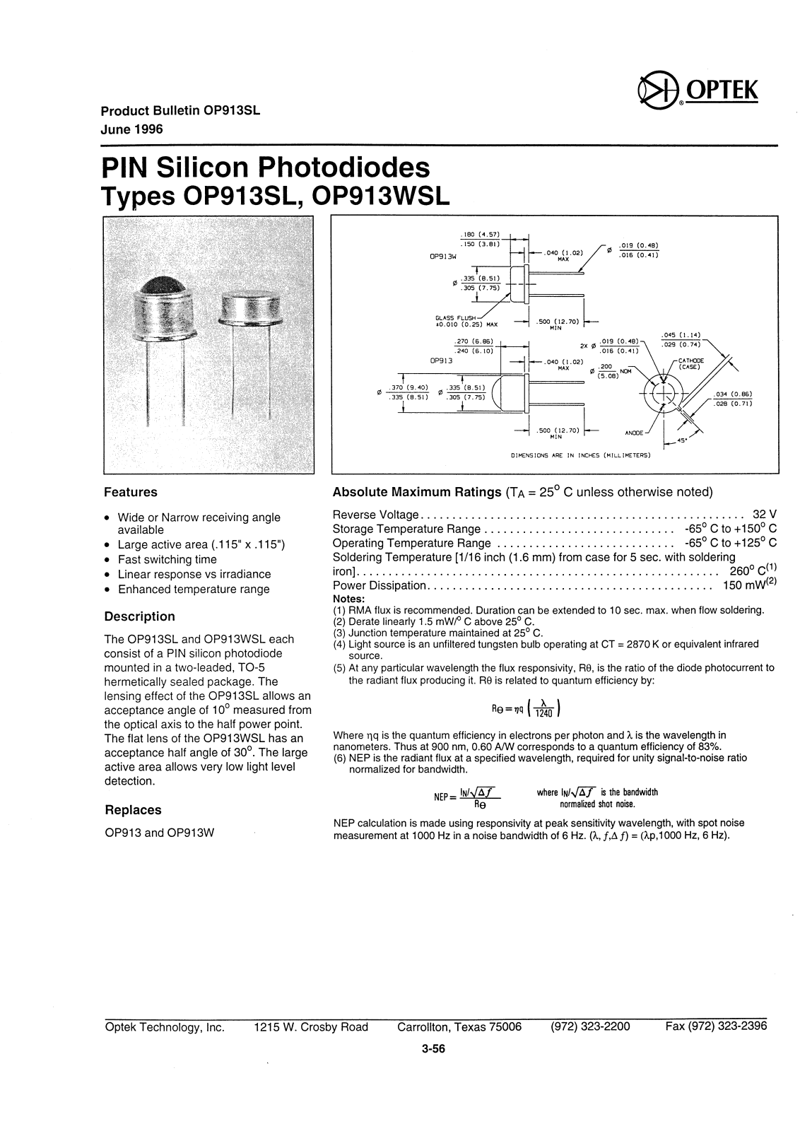 OPTEK OP913WSL, OP913SL Datasheet