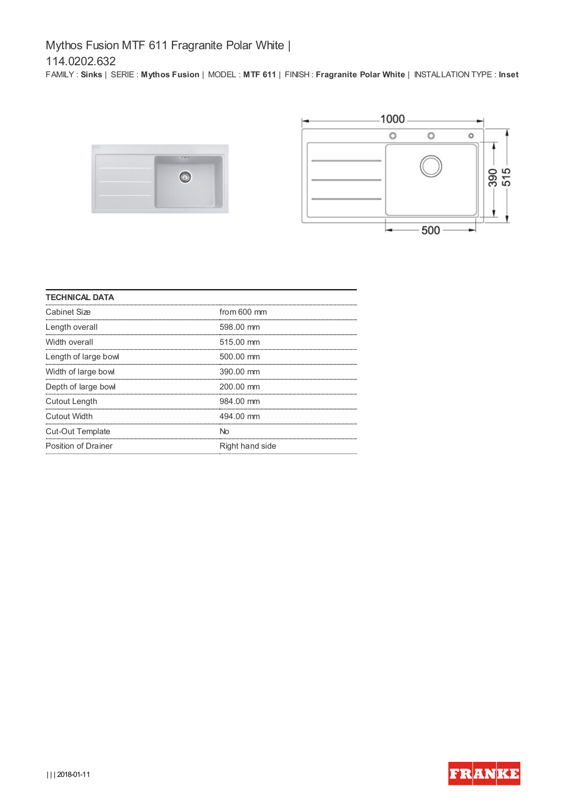 Franke MTF611LHDPW, MTF611RHDPW Specifications Sheet