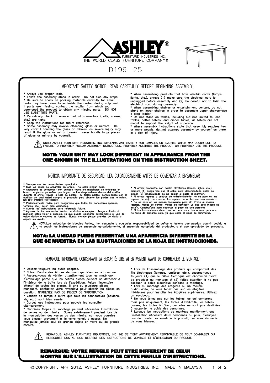 Ashley D19925 Assembly Guide