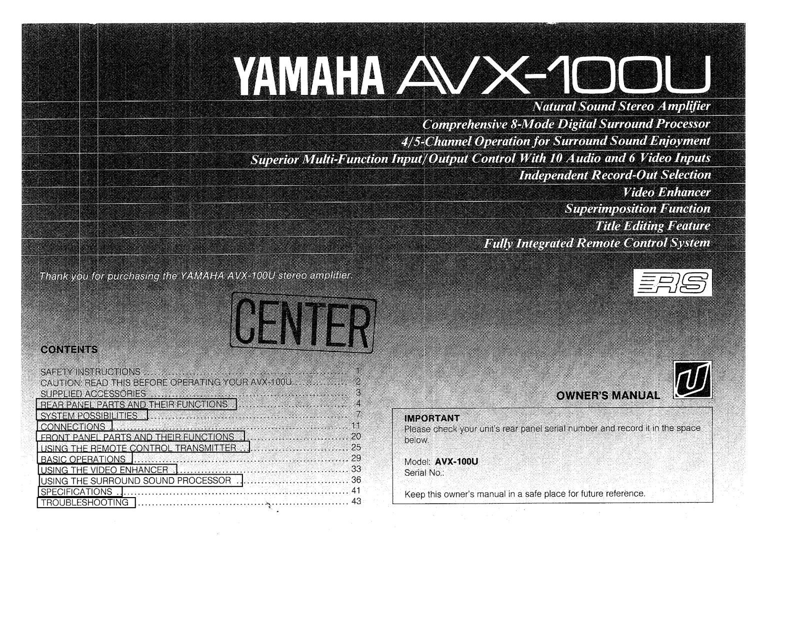 Yamaha AVX-100U User Manual