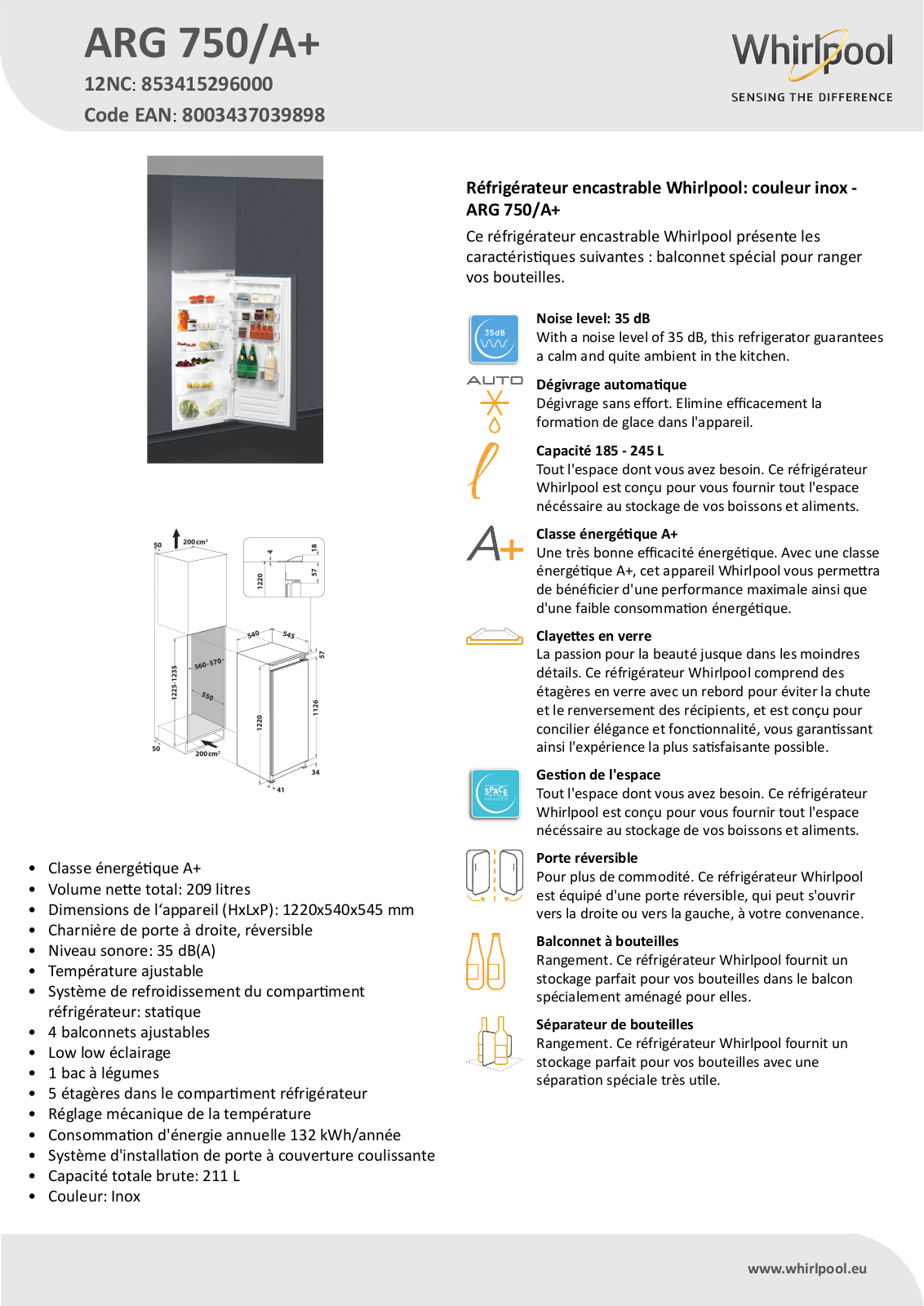 Whirlpool ARG 750/A+ Product information