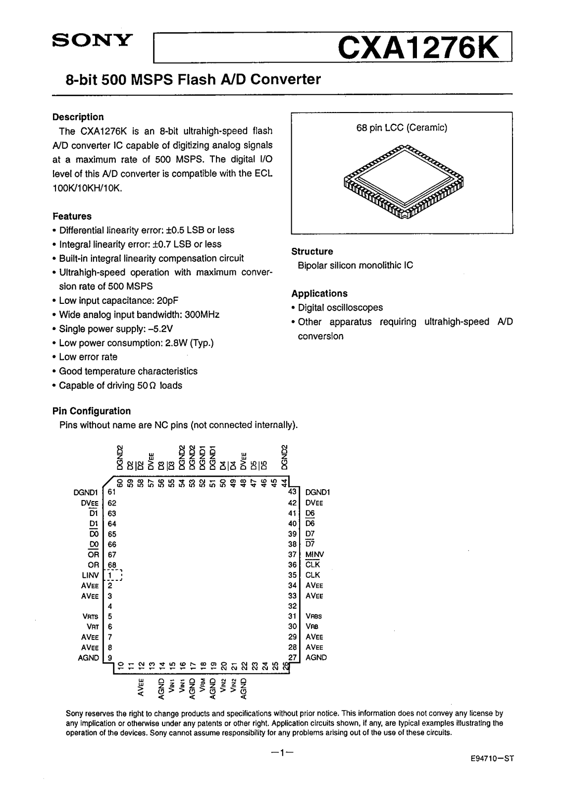 Sony CXA1276K Datasheet