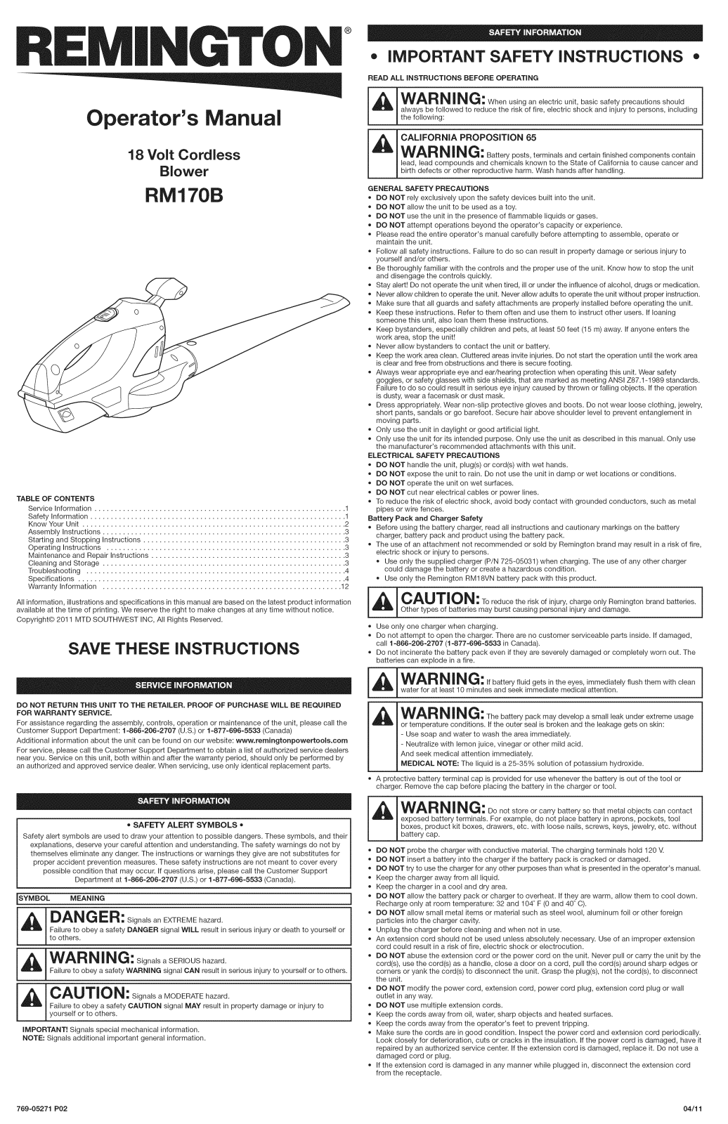 Remington RM170B, 41AA170G983 Owner’s Manual