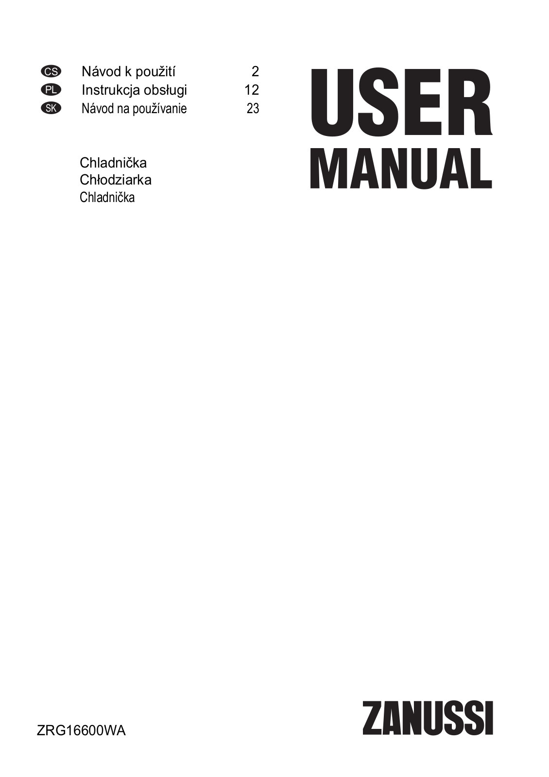 Zanussi ZRG16600WA User Manual