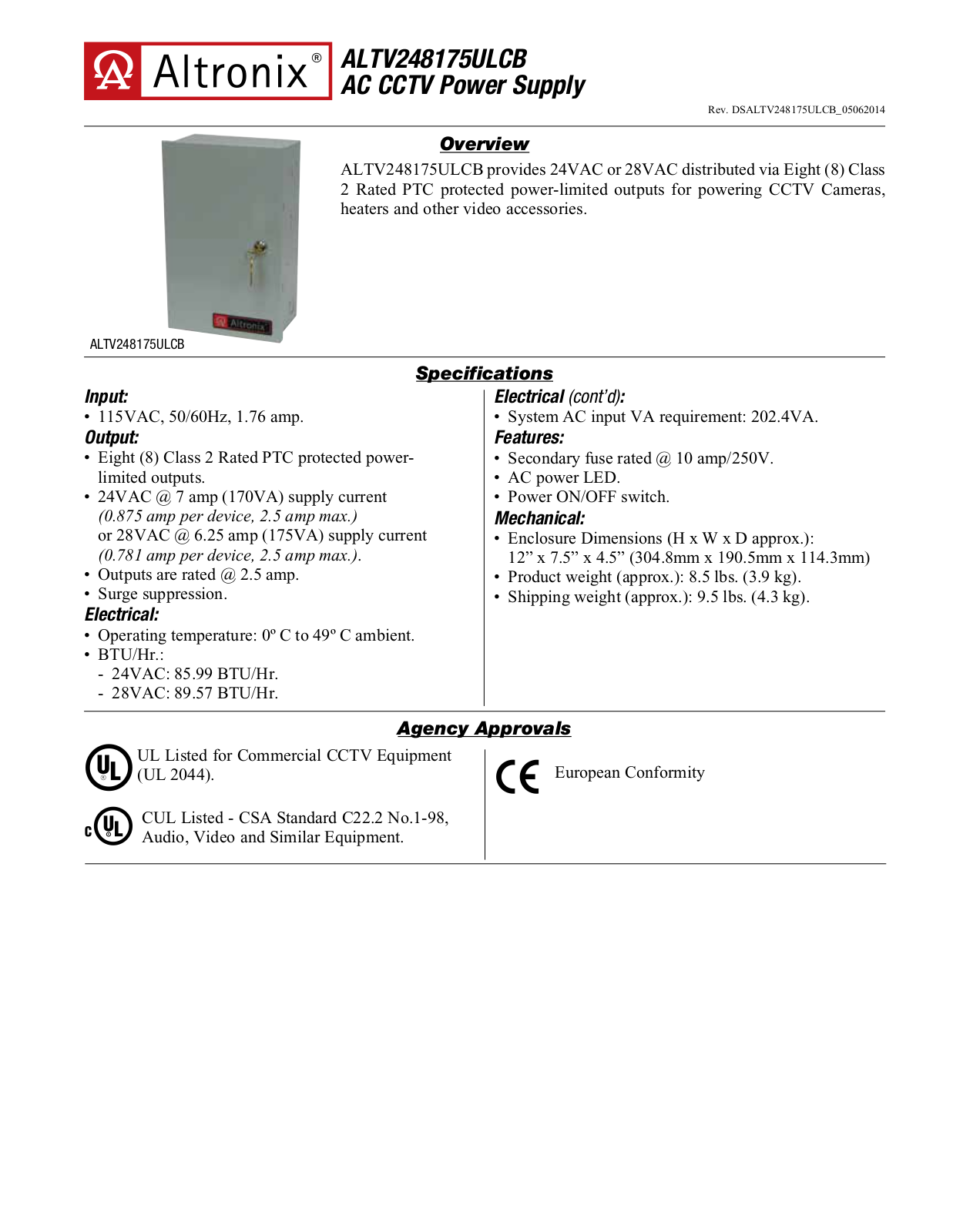 Altronix ALTV248175ULCB Specsheet