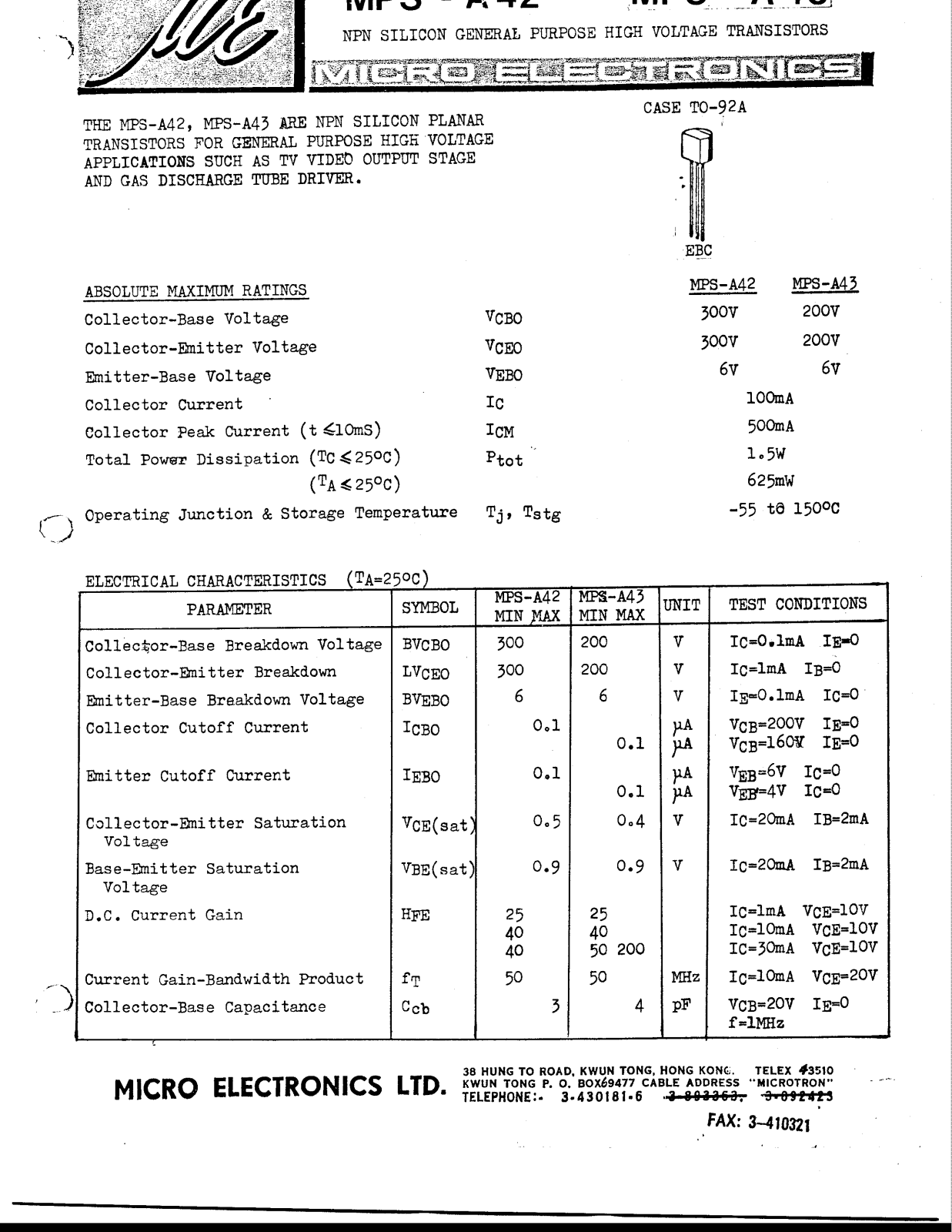 MICRO MPS-A43, MPS-A42 Datasheet