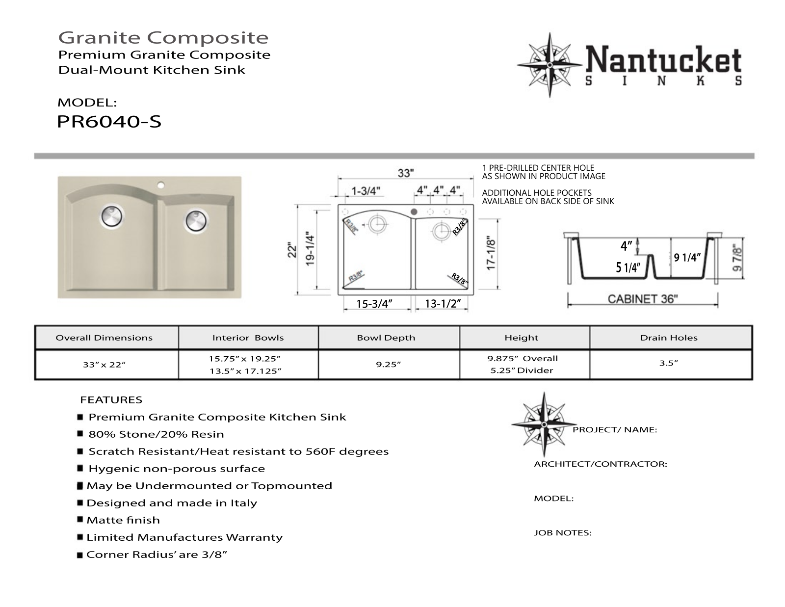 Nantucket Sinks PR6040S Specs