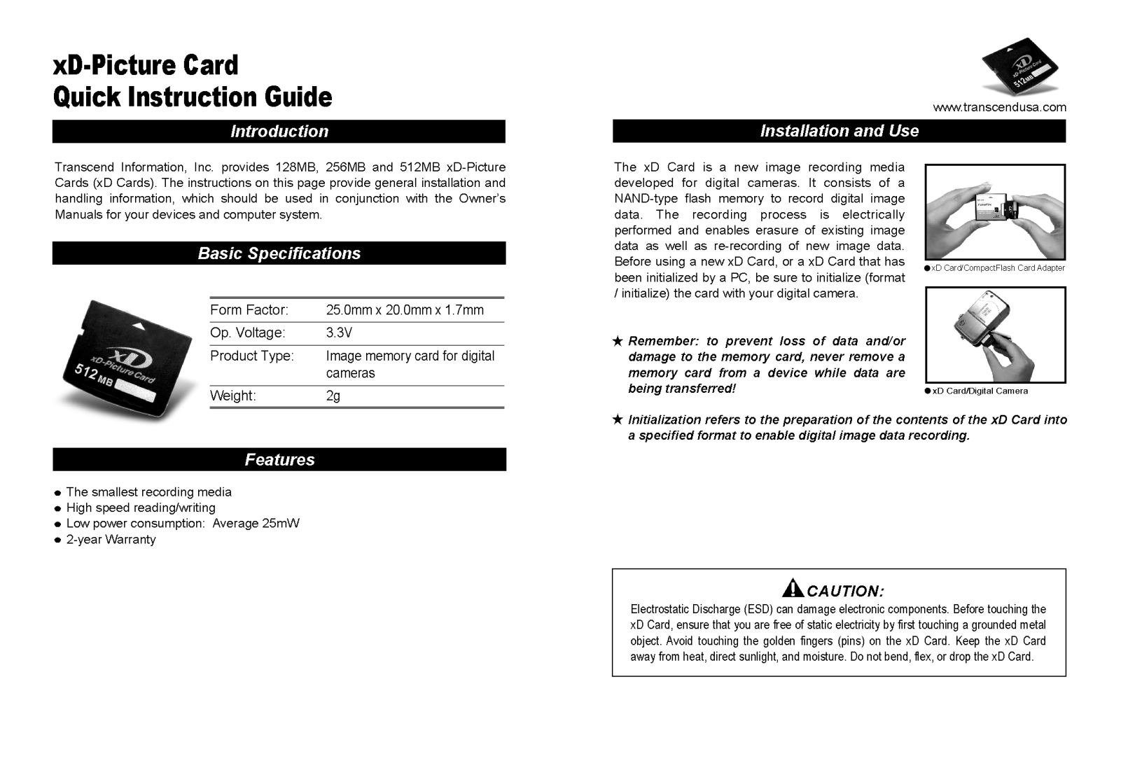 Transcend TS128MXDPC, TS256MXDPC, TS512MXDPC, TS1GXDPC QUICK INSTRUCTION GUIDE