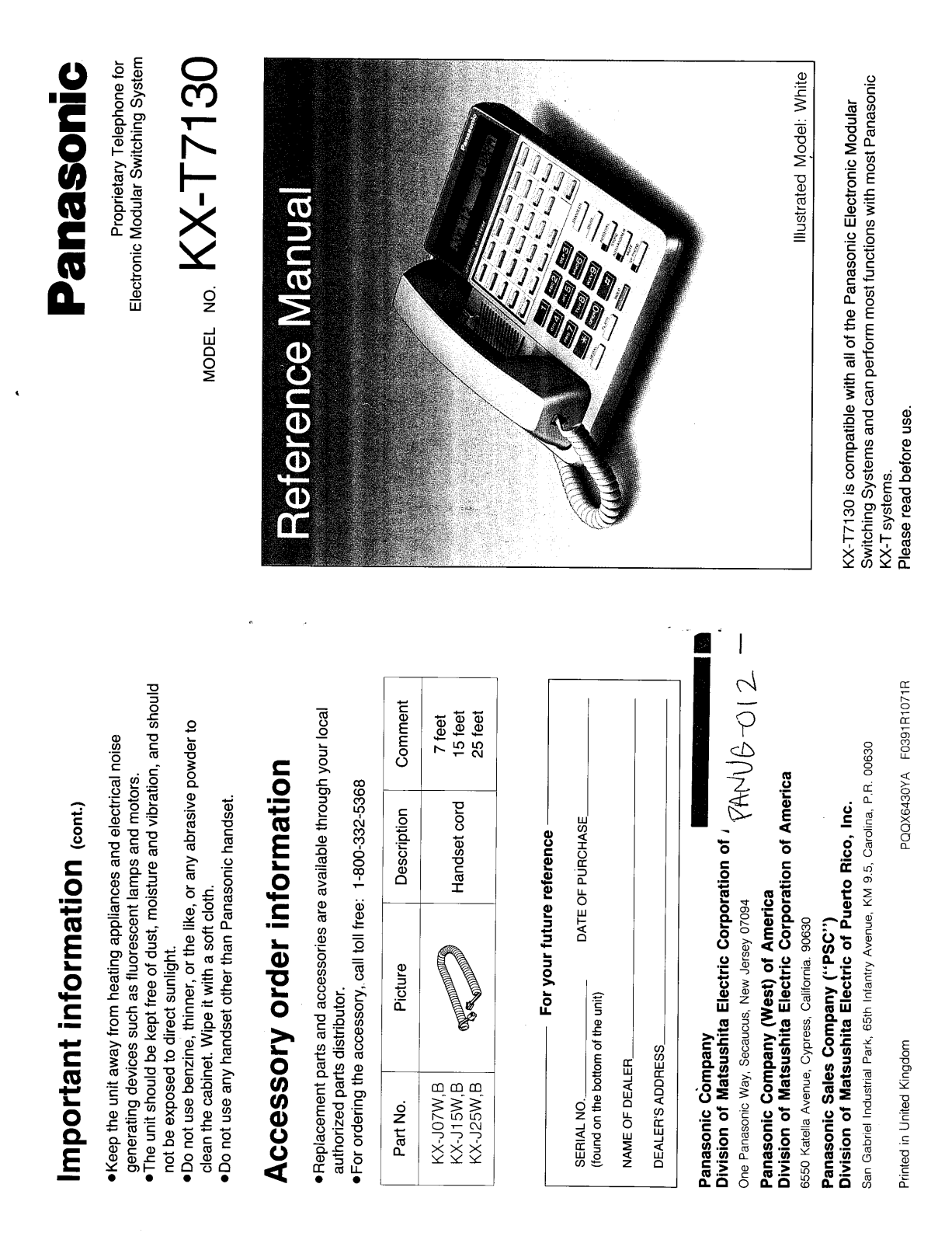 PANASONIC KX-T7130 User Guide