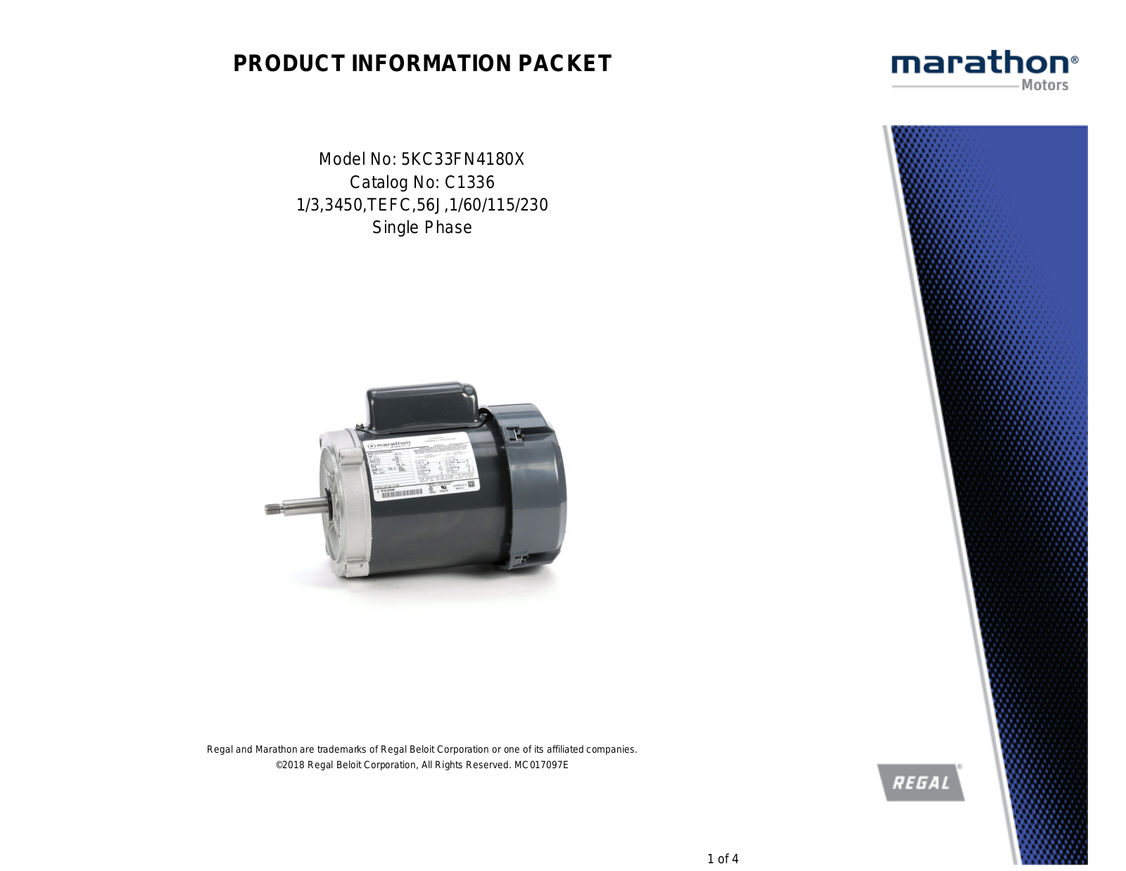 Marathon Electric 5KC33FN4180X Product Information Packet