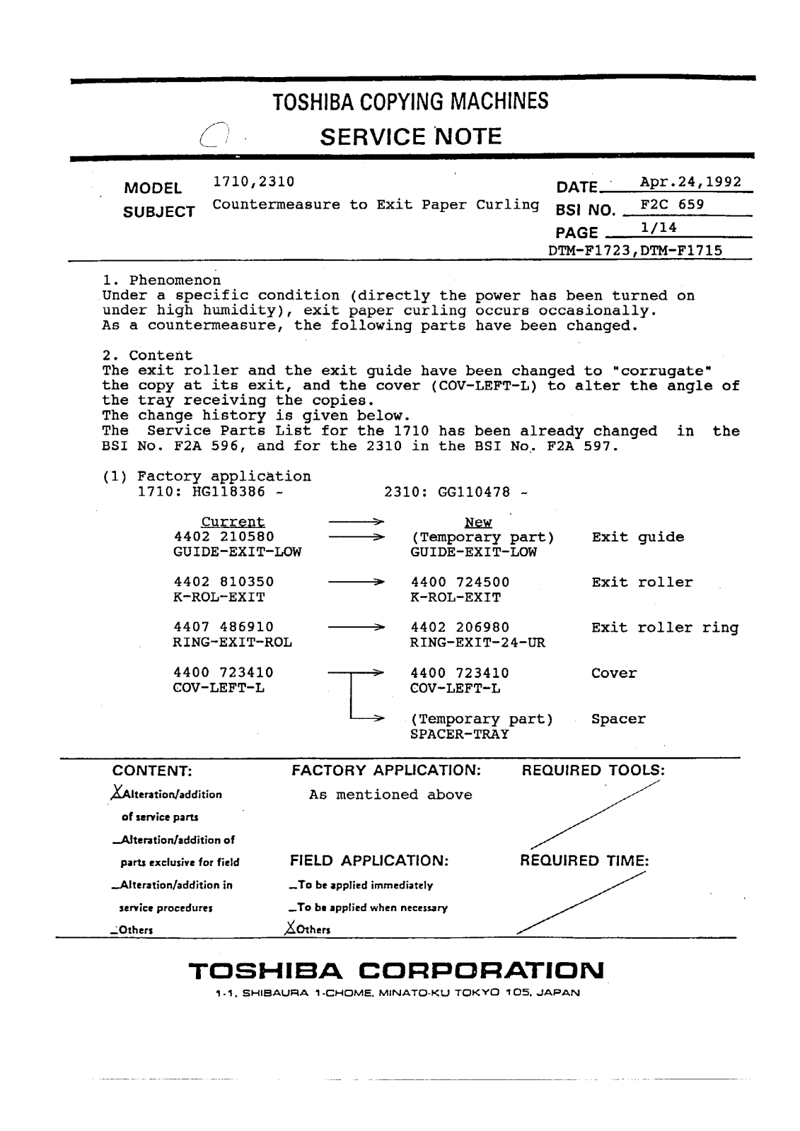 Toshiba f2c659 Service Note