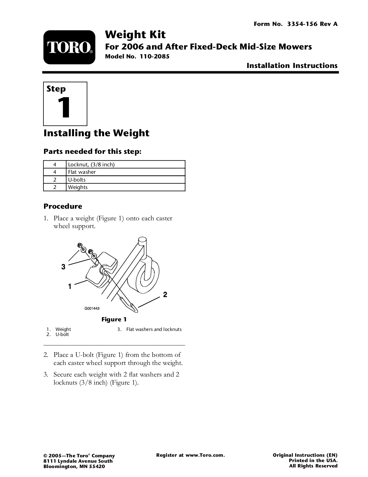 Toro 110-2085 Installation Instructions