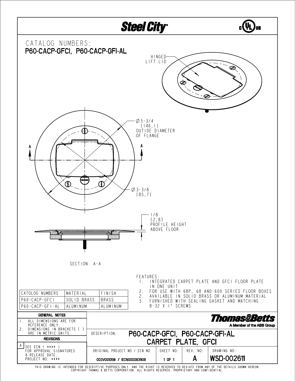 Thomas & Betts P60-CACP-GFCI, P60-CACP-GFI-AL Reference Drawing - ManualMachine.com