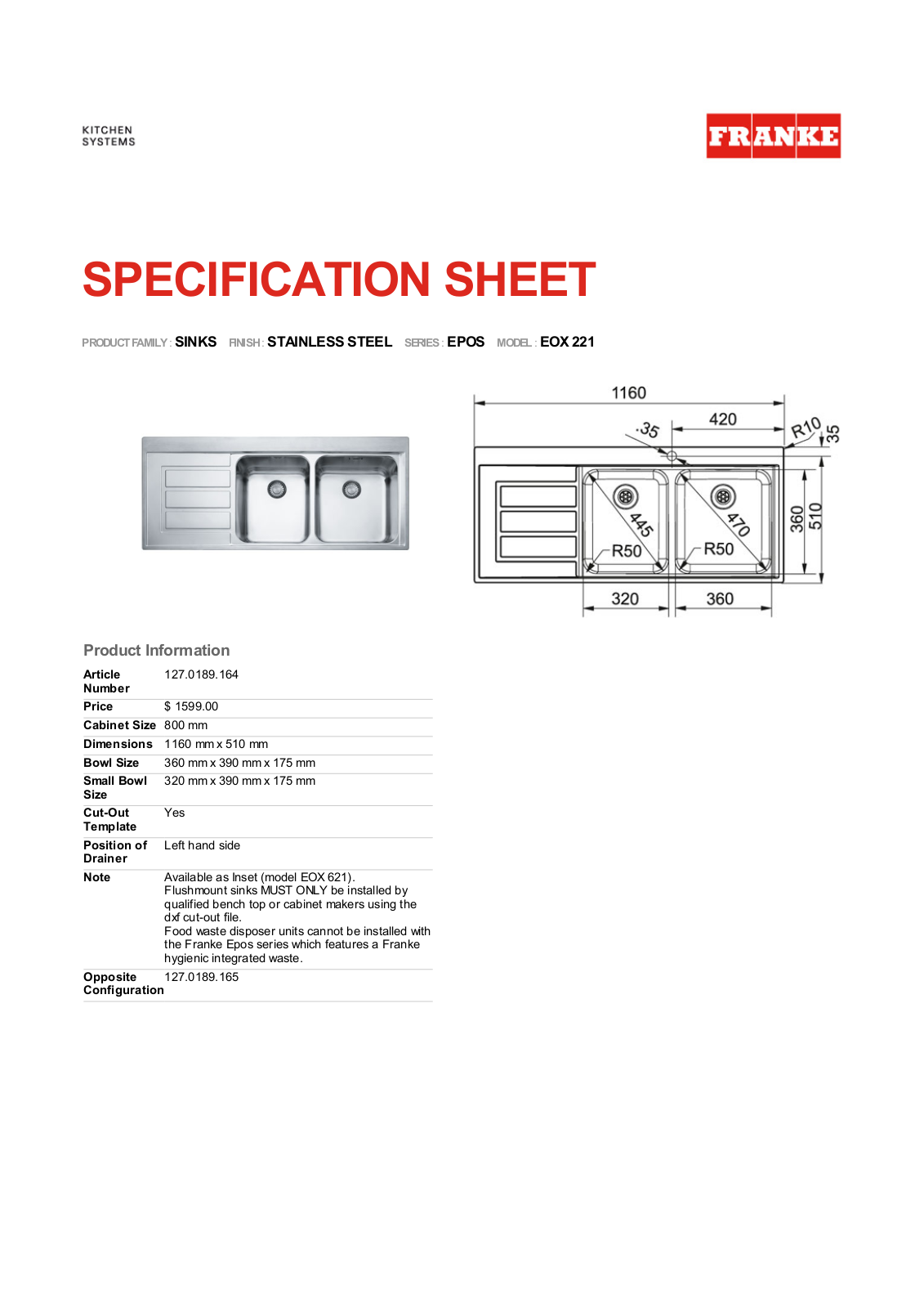 Franke Foodservice EOX 221 Specification