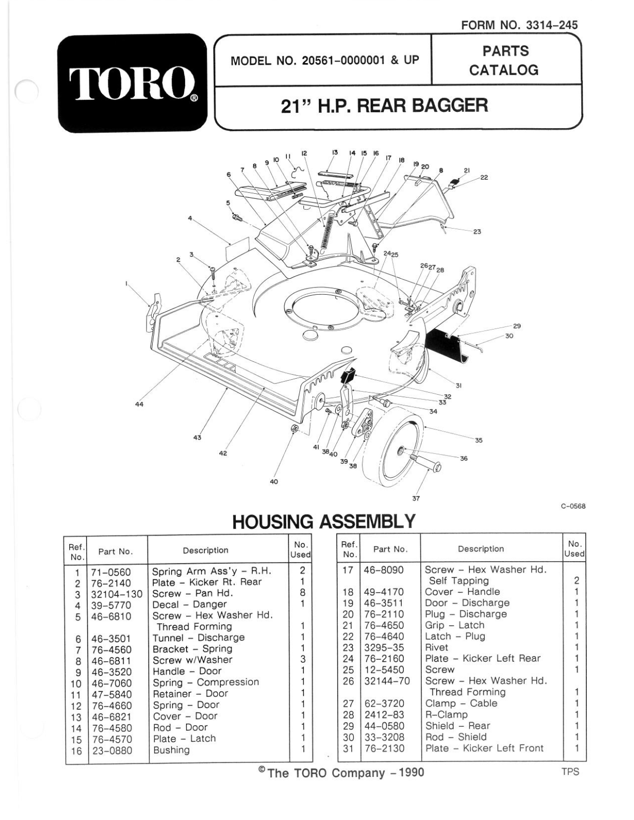 Toro 20561 Parts Catalogue