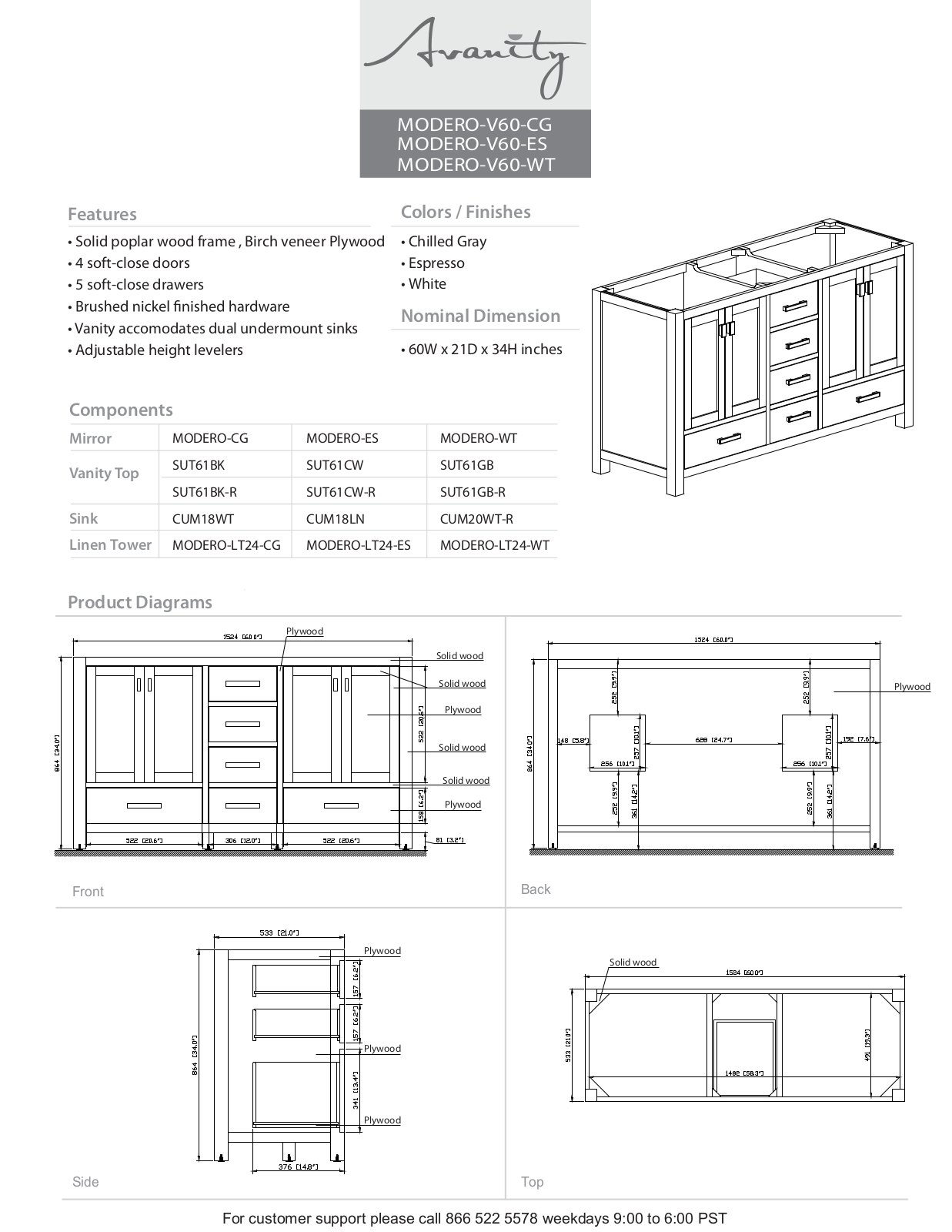 Avanity MODEROV60NB Specifications