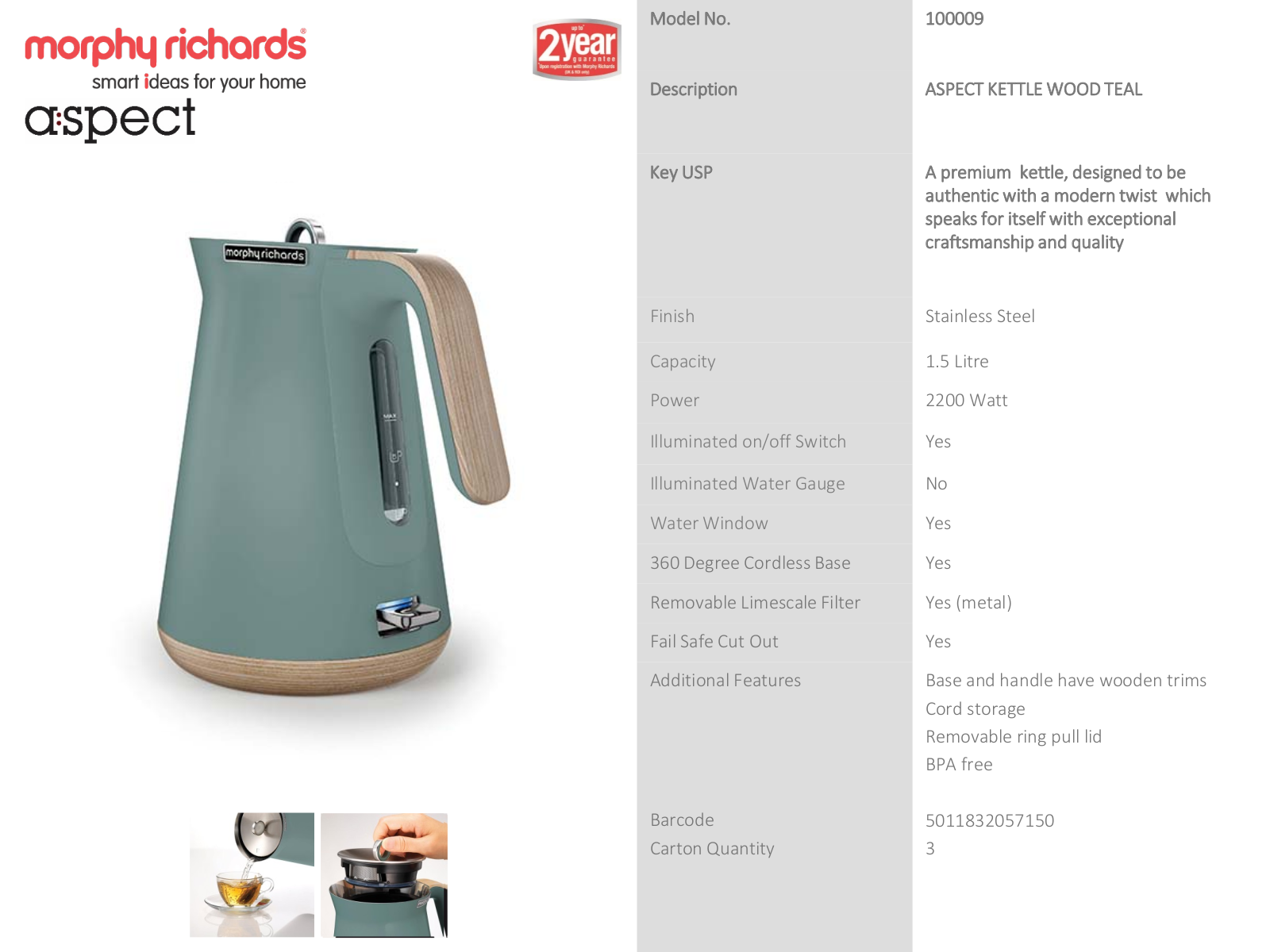 Morphy Richards 100009, 240009100009 Specifications Sheet