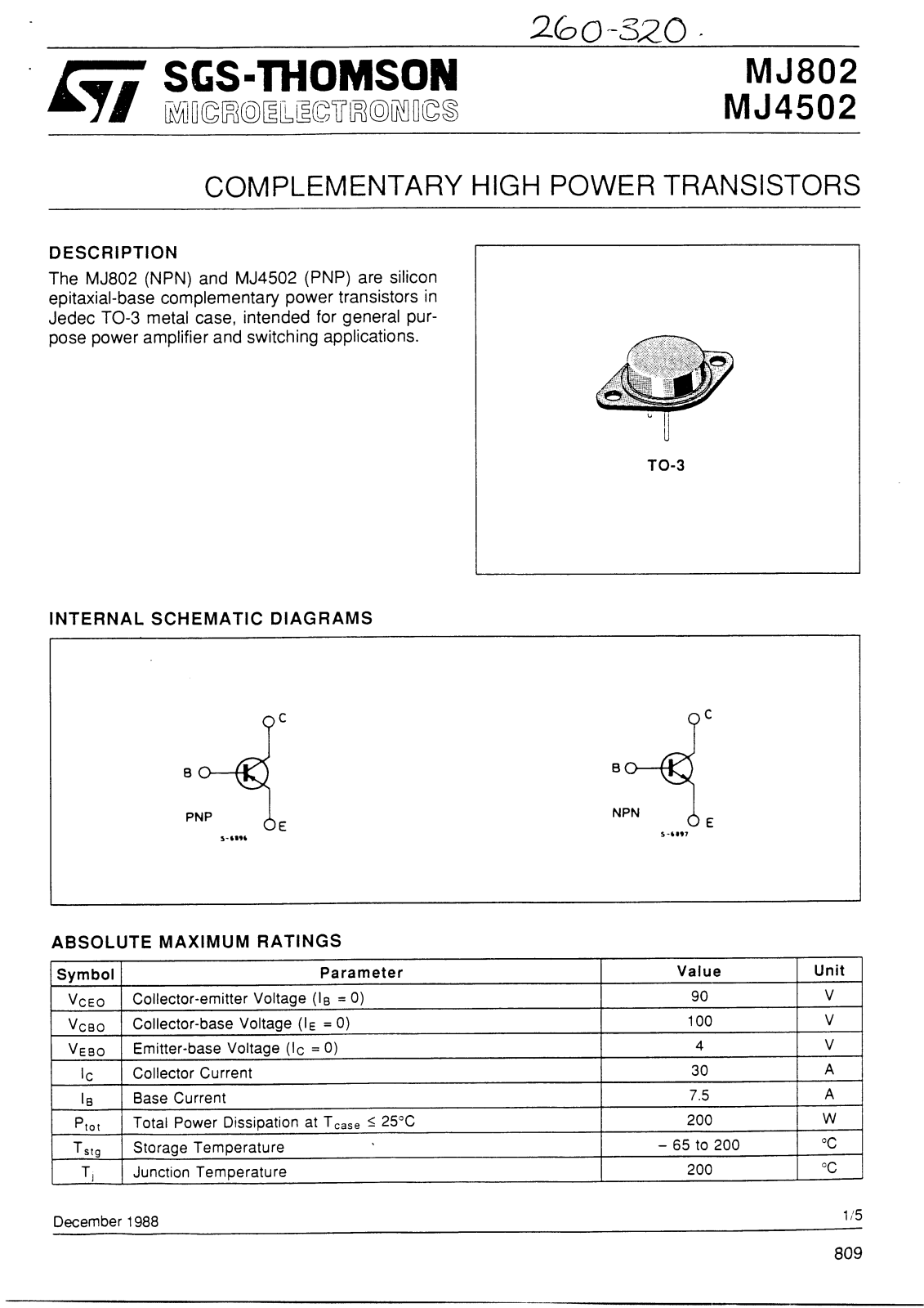 SGS Thomson Microelectronics MJ802 Datasheet