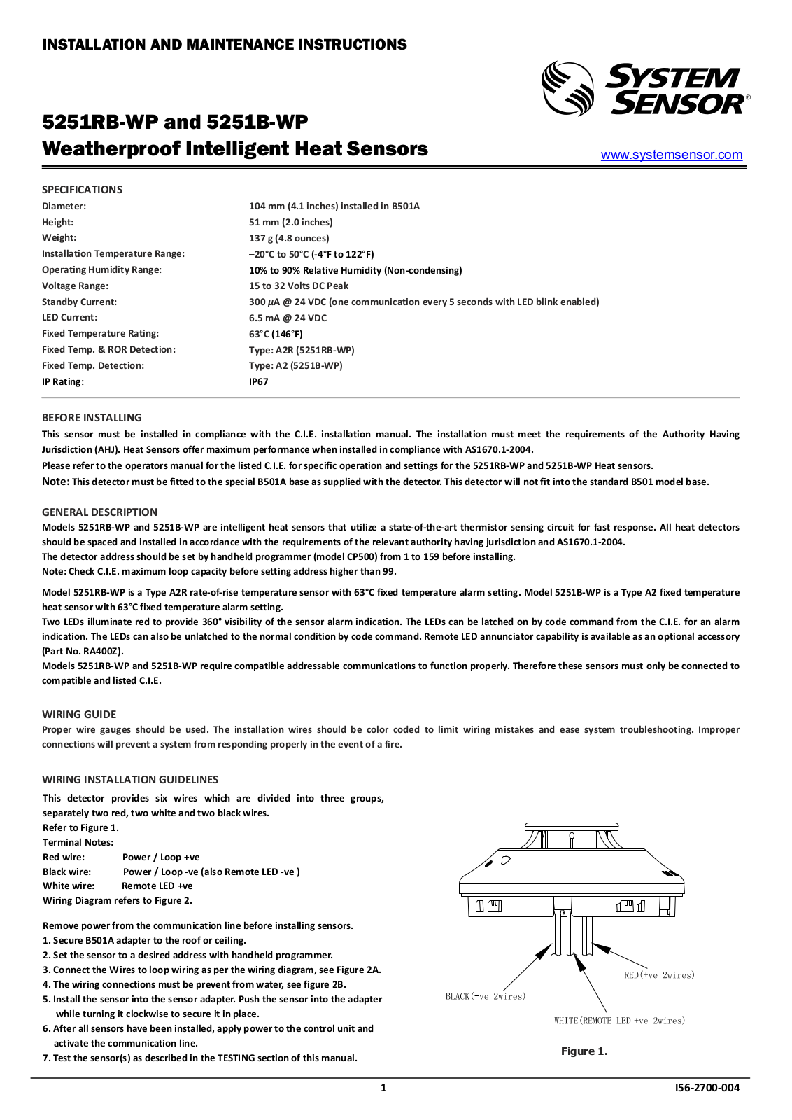 System Sensor 5251RB-WP, 5251B-WP Installation And Maintenance Instructions Manual