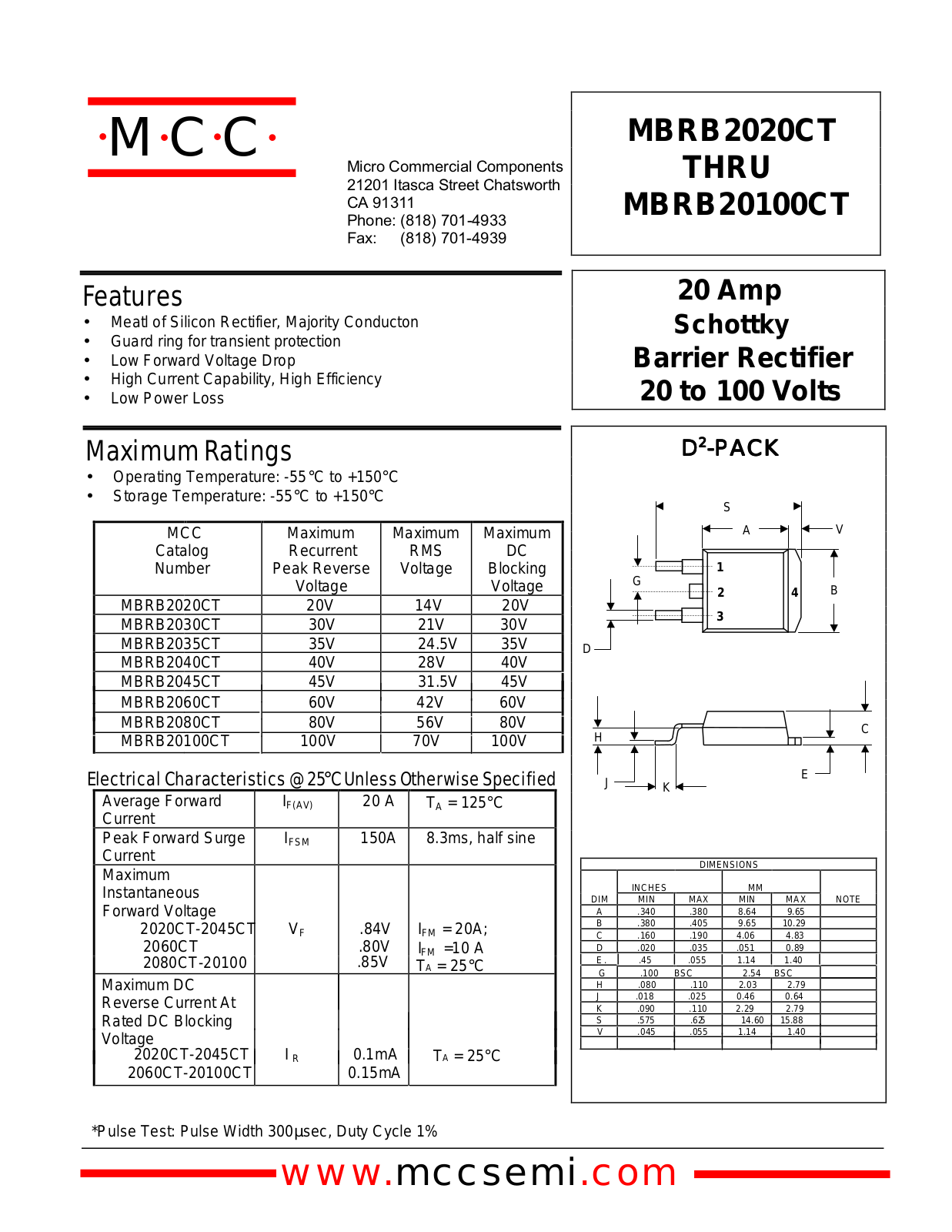 MCC MBRB2030CT, MBRB2020CT, MBRB2060CT, MBRB2045CT, MBRB2035CT Datasheet