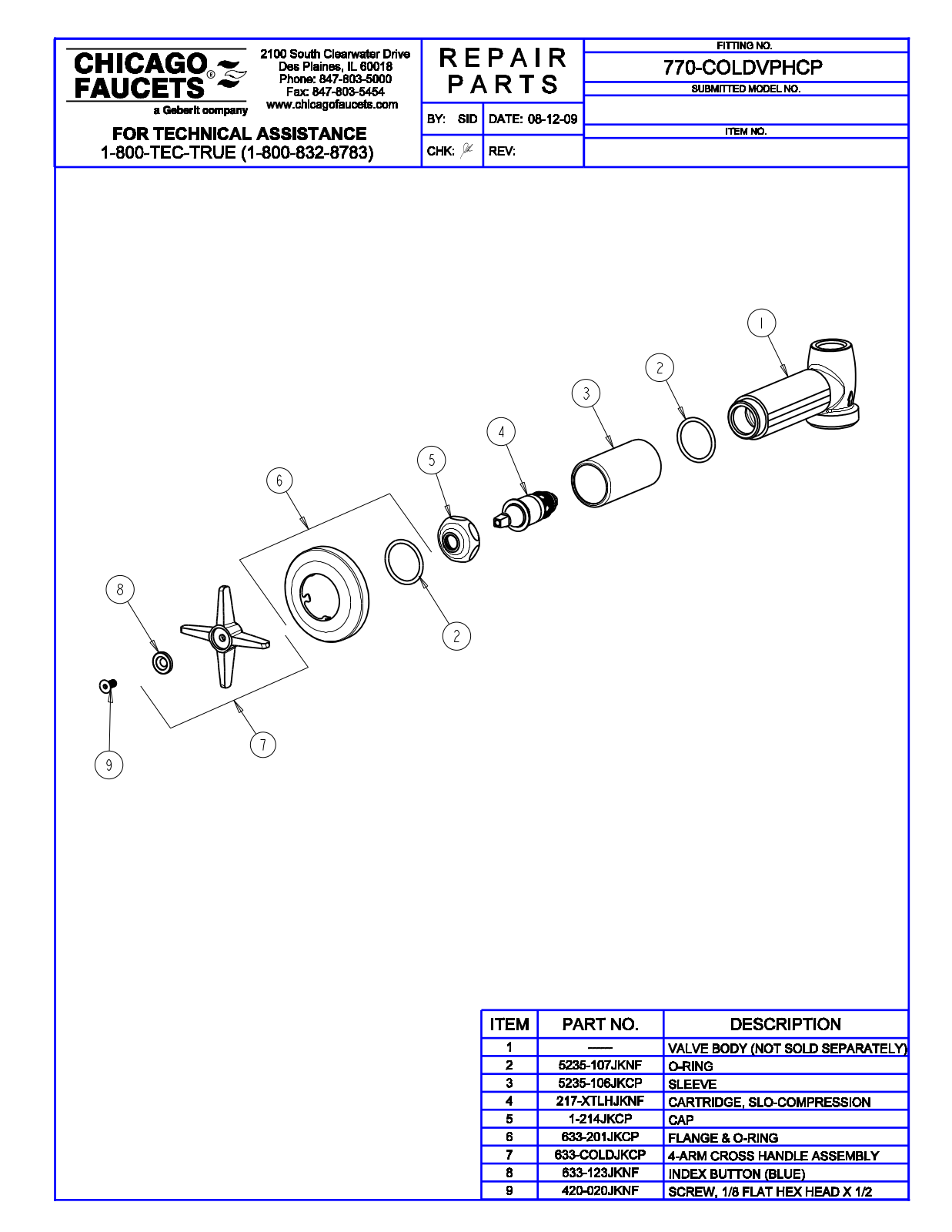 Chicago Faucet 770-COLDVPHCP Parts List