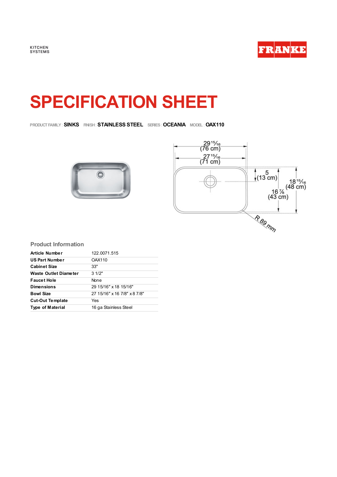 Franke Foodservice OAX110 User Manual