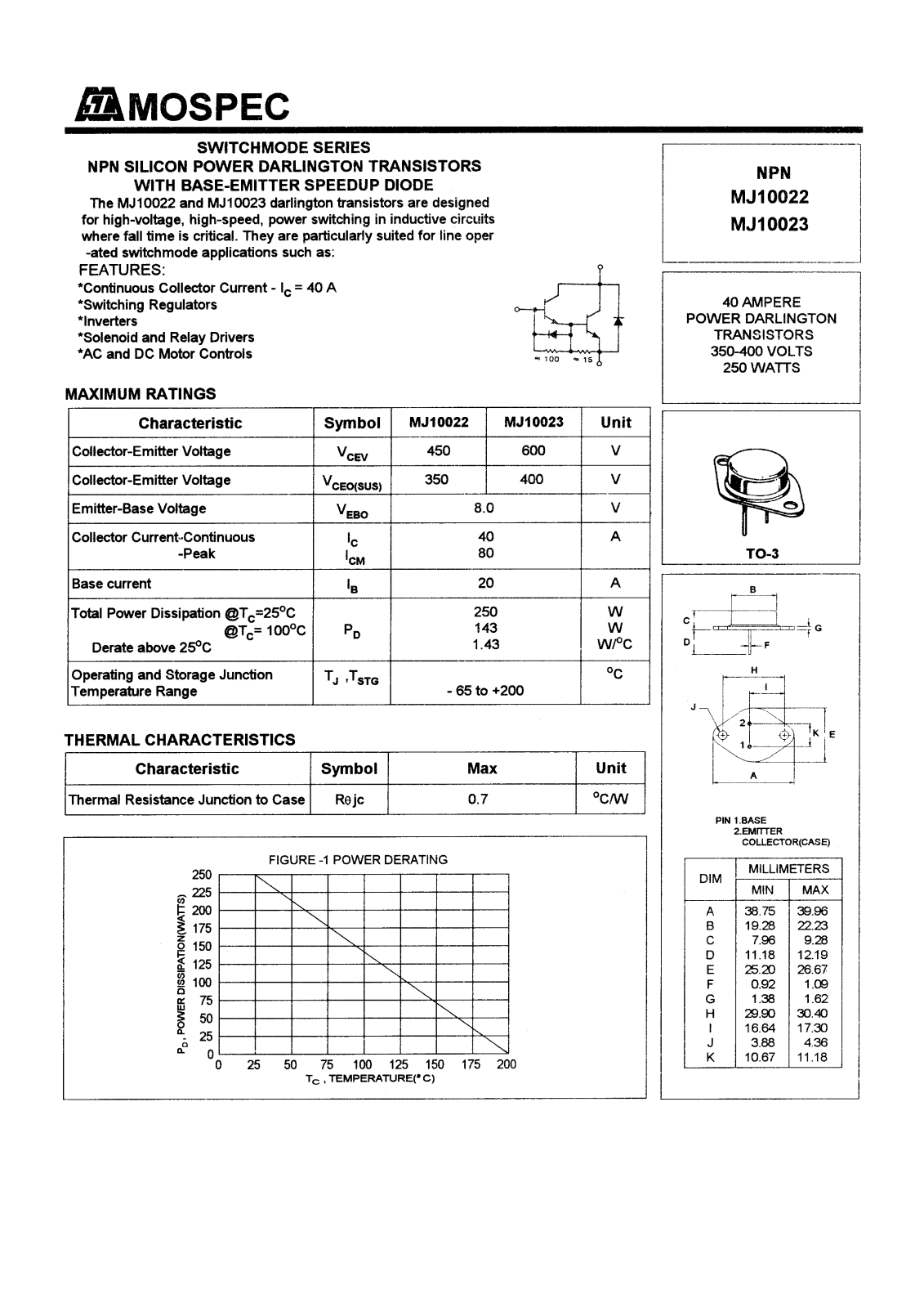 MOSPEC MJ10023, MJ10022 Datasheet