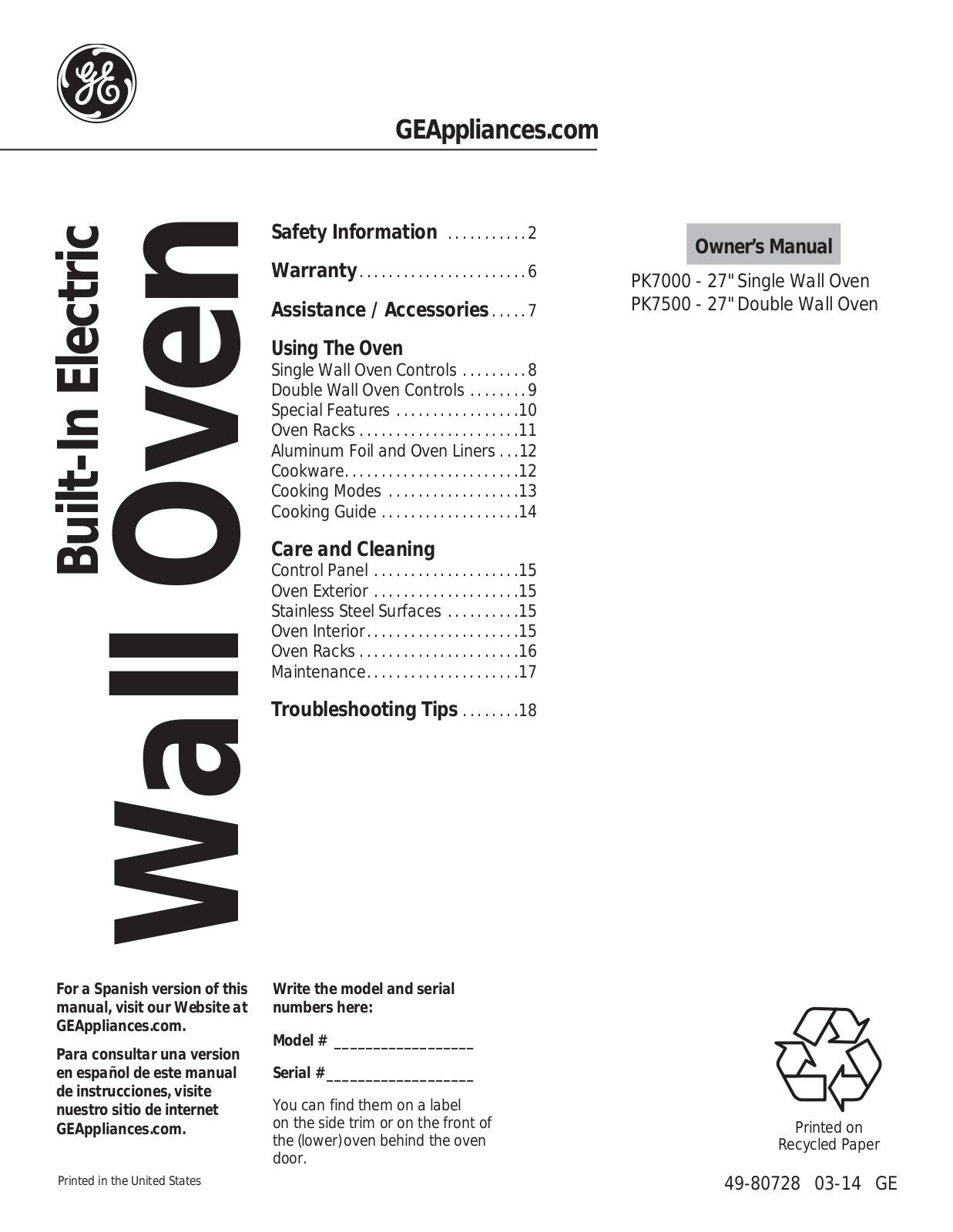 GE Profile PK7000SFSS Maintance Manual