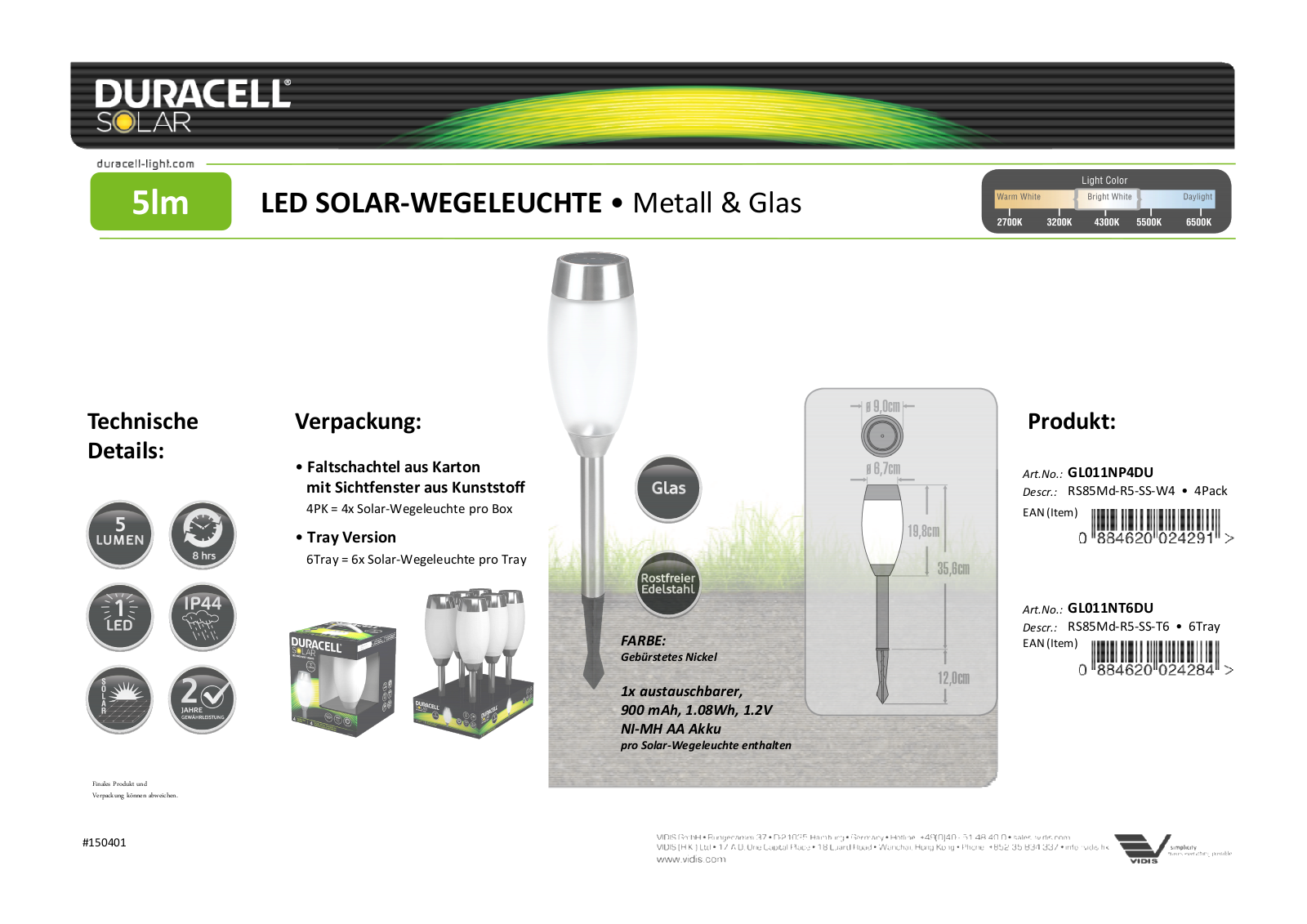 Duracell GL011NP4DU Technical data