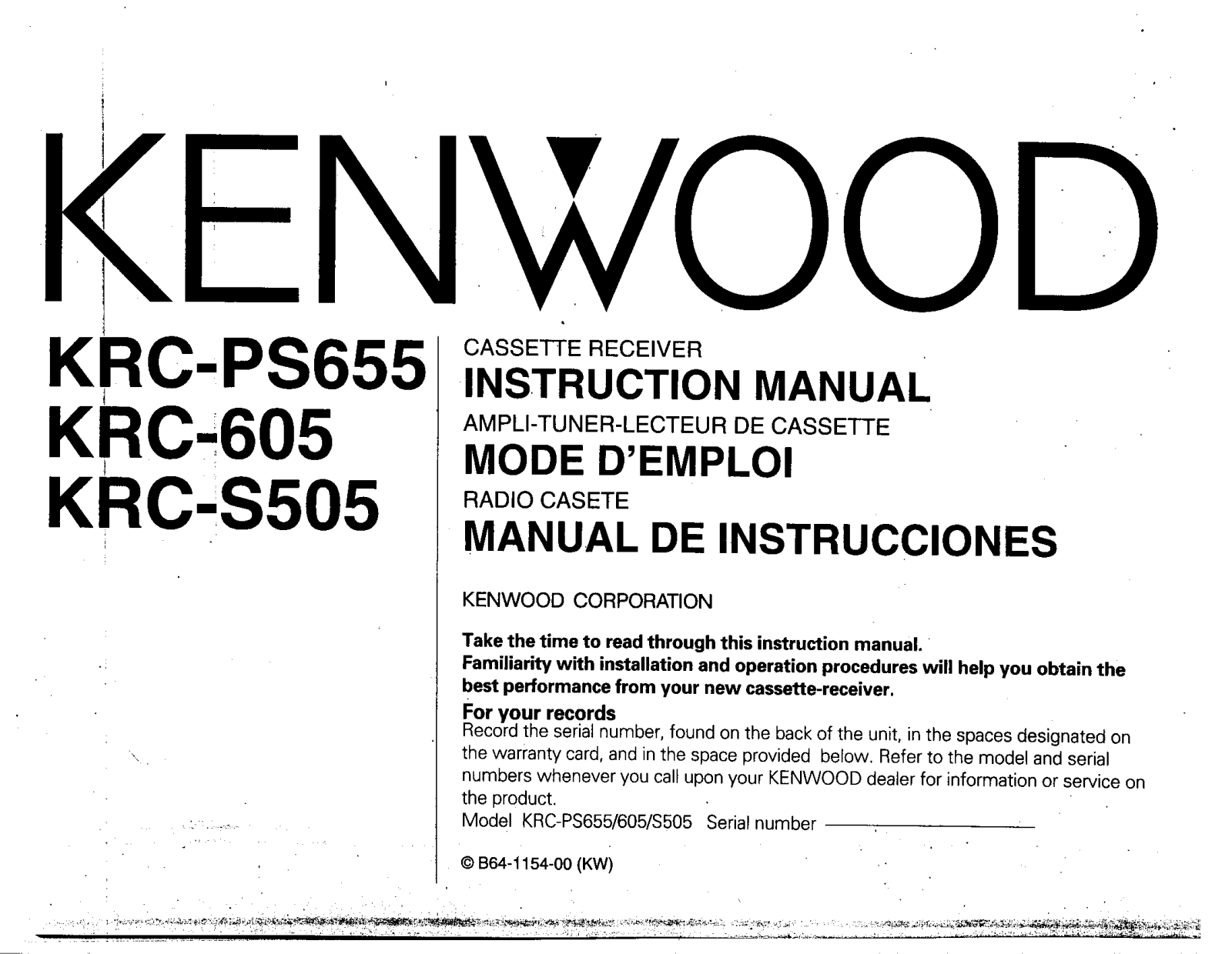 Kenwood KRC-S505, KRC-PS655, KRC-605 Owner's Manual