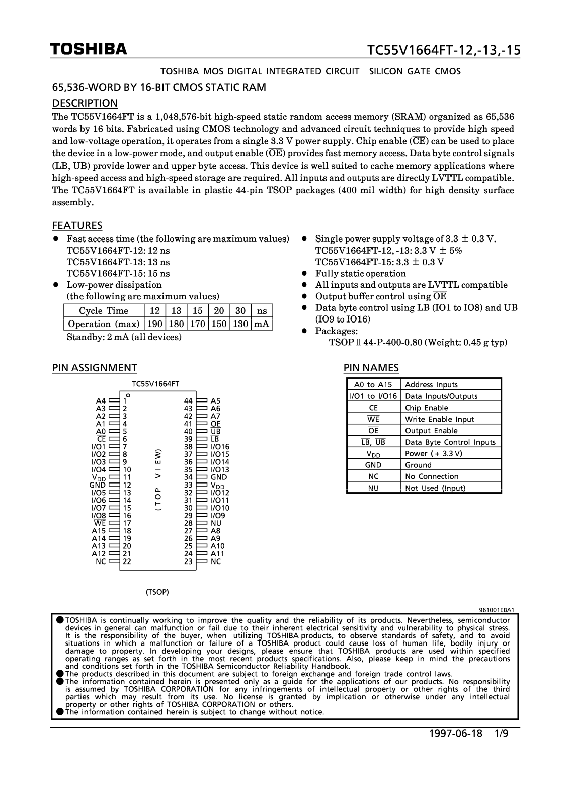 Toshiba TC55V1664FT-15, TC55V1664FT-13, TC55V1664FT-12 Datasheet