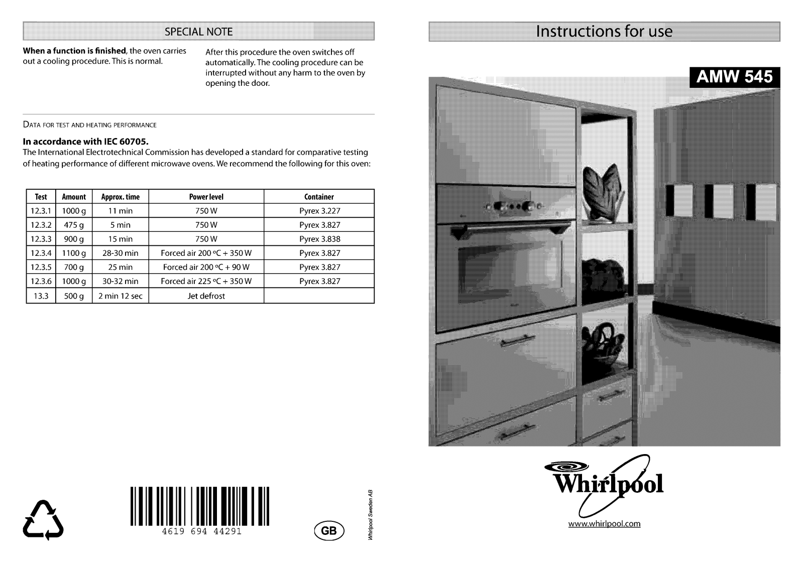 Whirlpool AMW 545 IX INSTRUCTION FOR USE