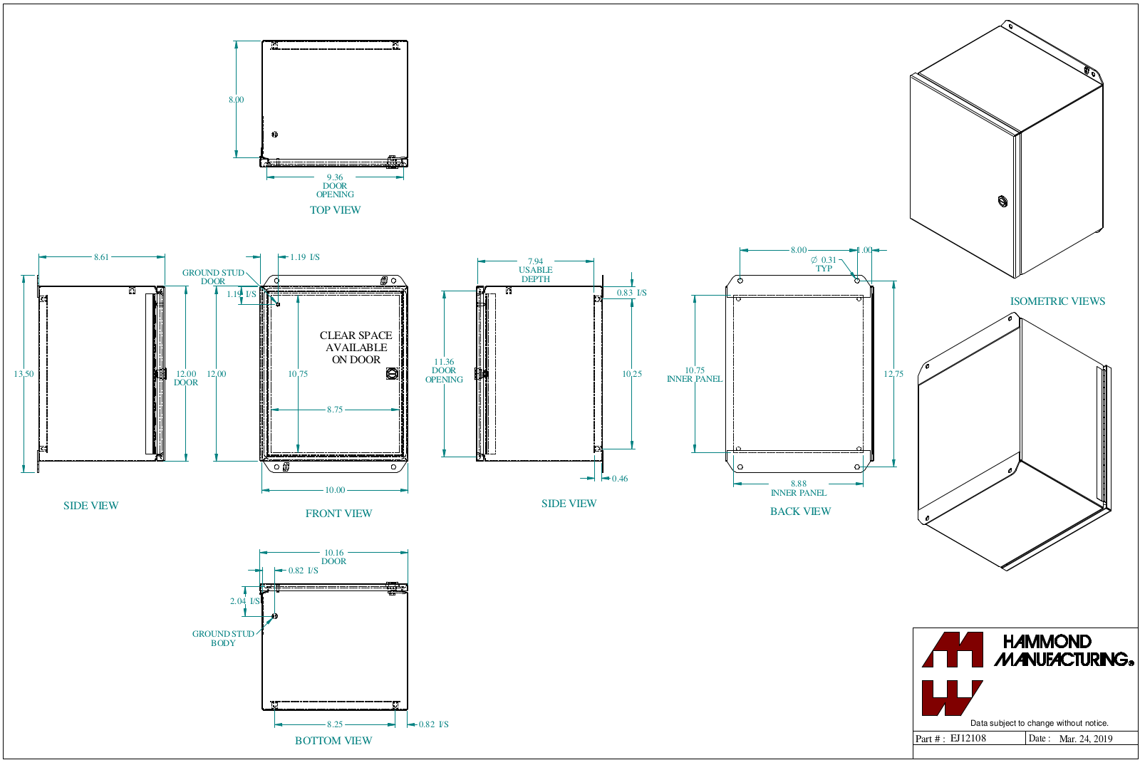 Hammond Manufacturing EJ12108 technical drawings