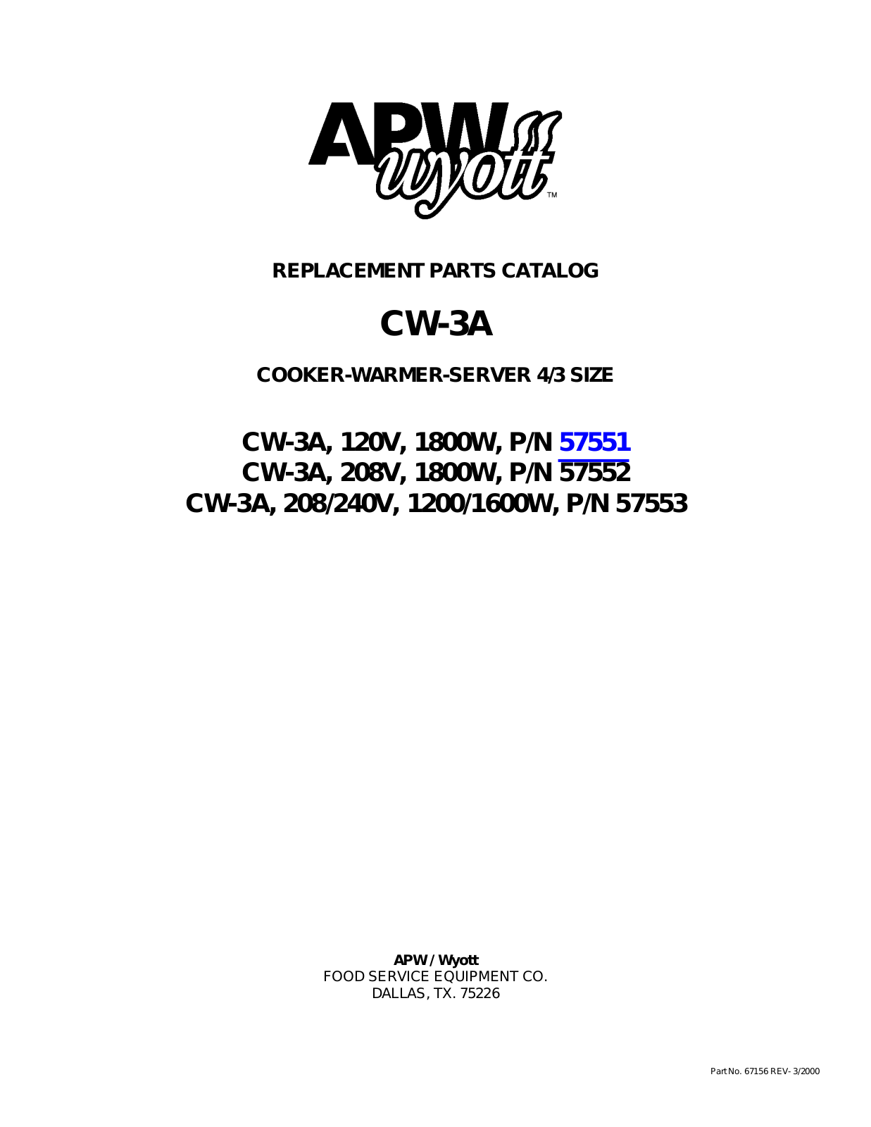 APW Wyott CW-3A Parts Manual