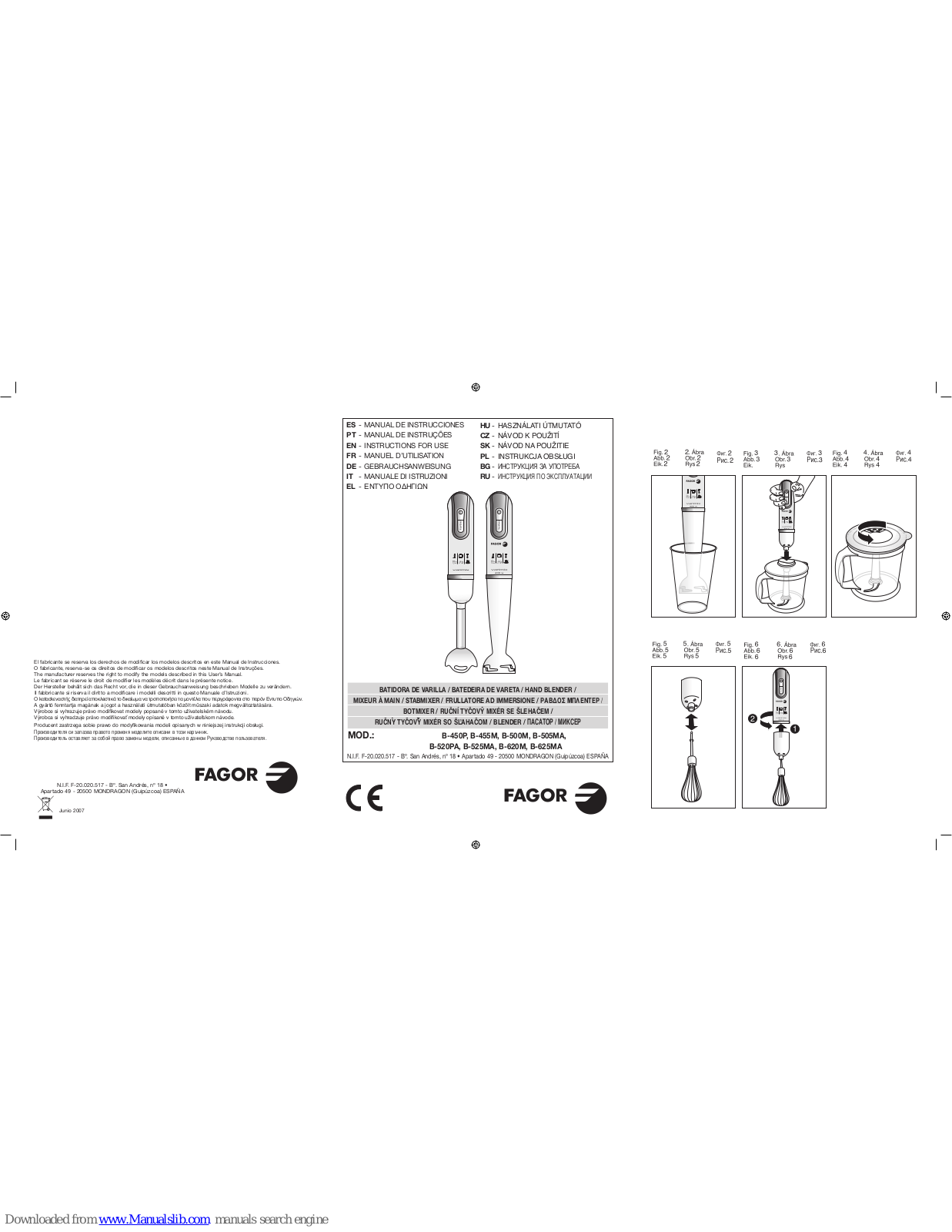 Fagor B-450P, B-455M, B-500M, B-520PA, B-505MA Instructions For Use Manual