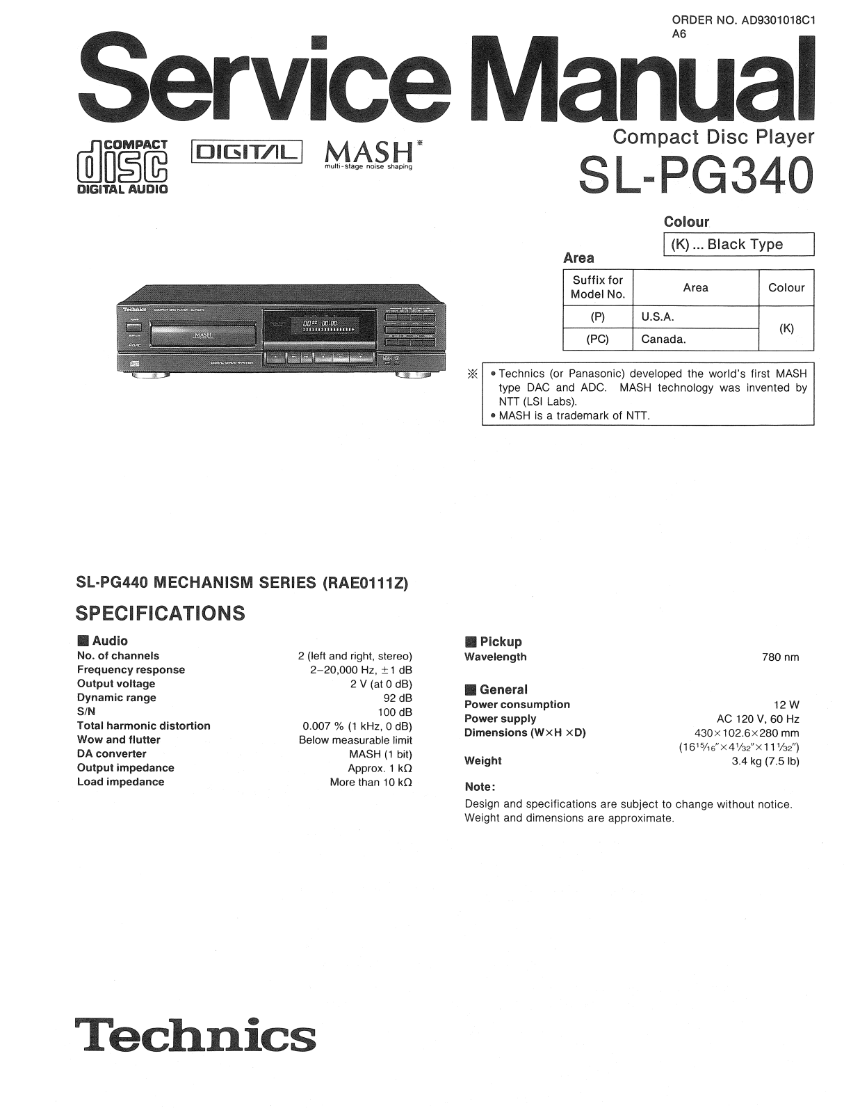 Technics SLPG-340 Service manual